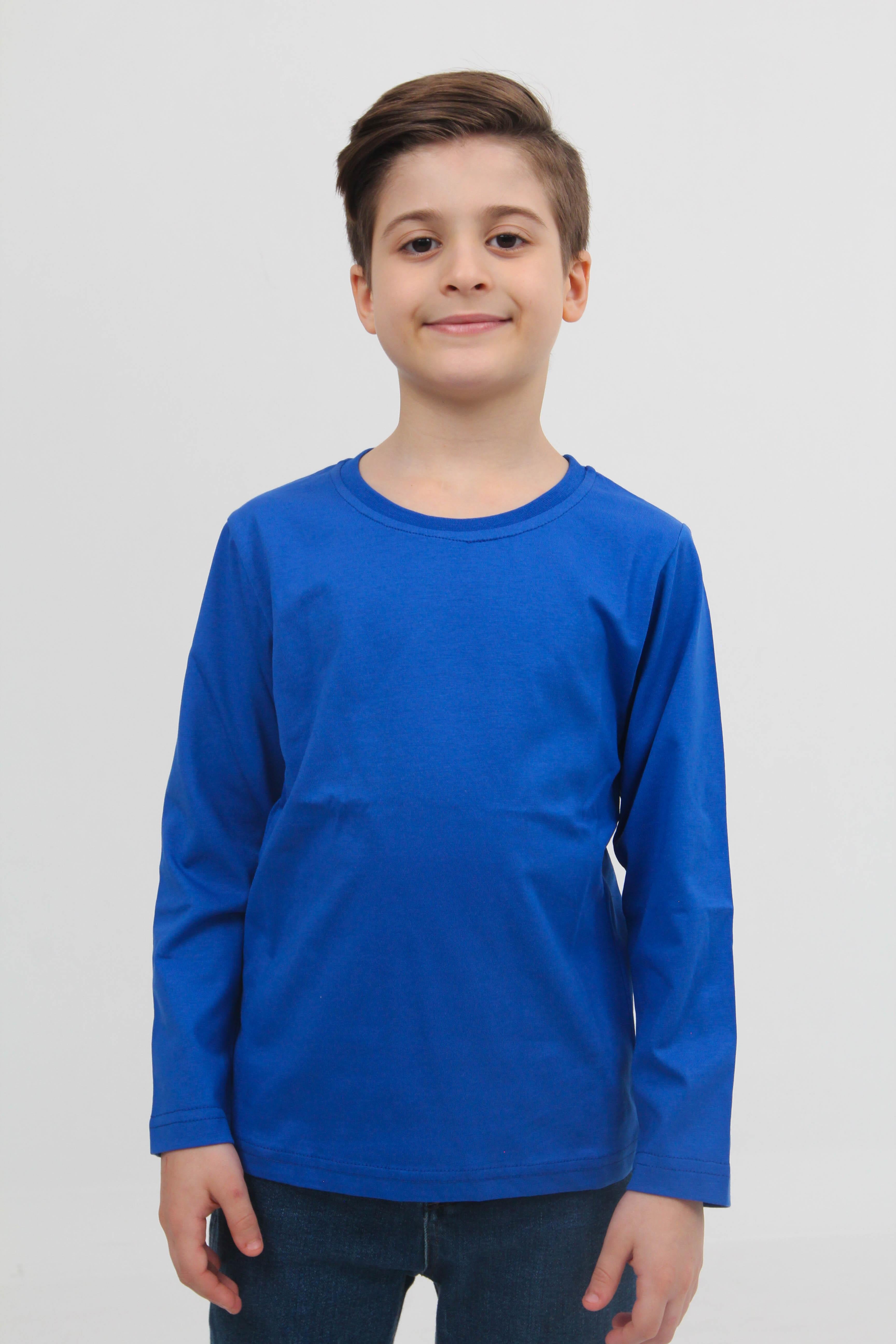 2'li Bisiklet Yaka Uzun Kollu Çizgili Ve Düz Unisex Çocuk Sweatshirt Mavi Beyaz - Perendi