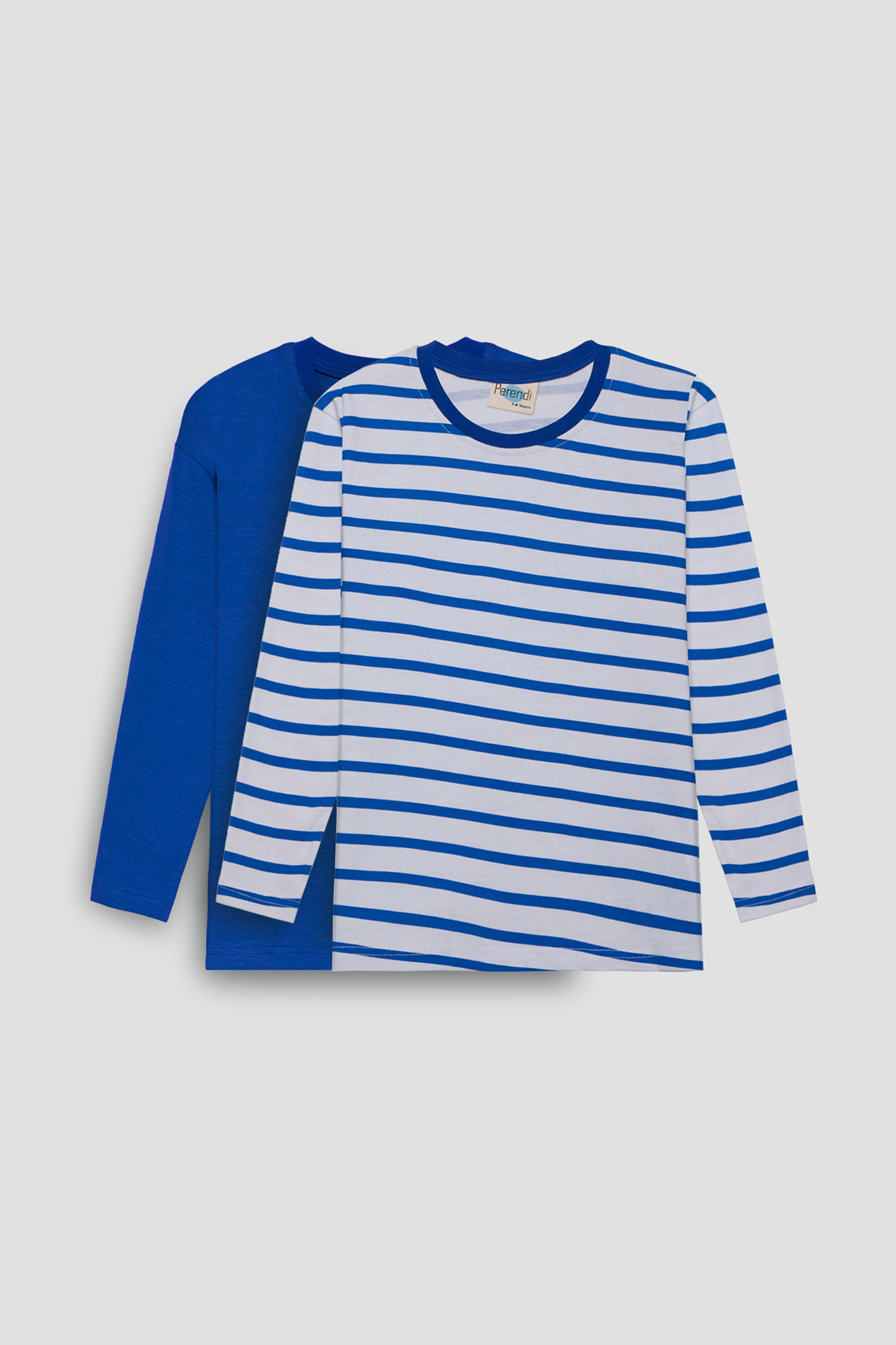 2'li Bisiklet Yaka Uzun Kollu Çizgili Ve Düz Unisex Çocuk Sweatshirt Mavi Beyaz - Perendi