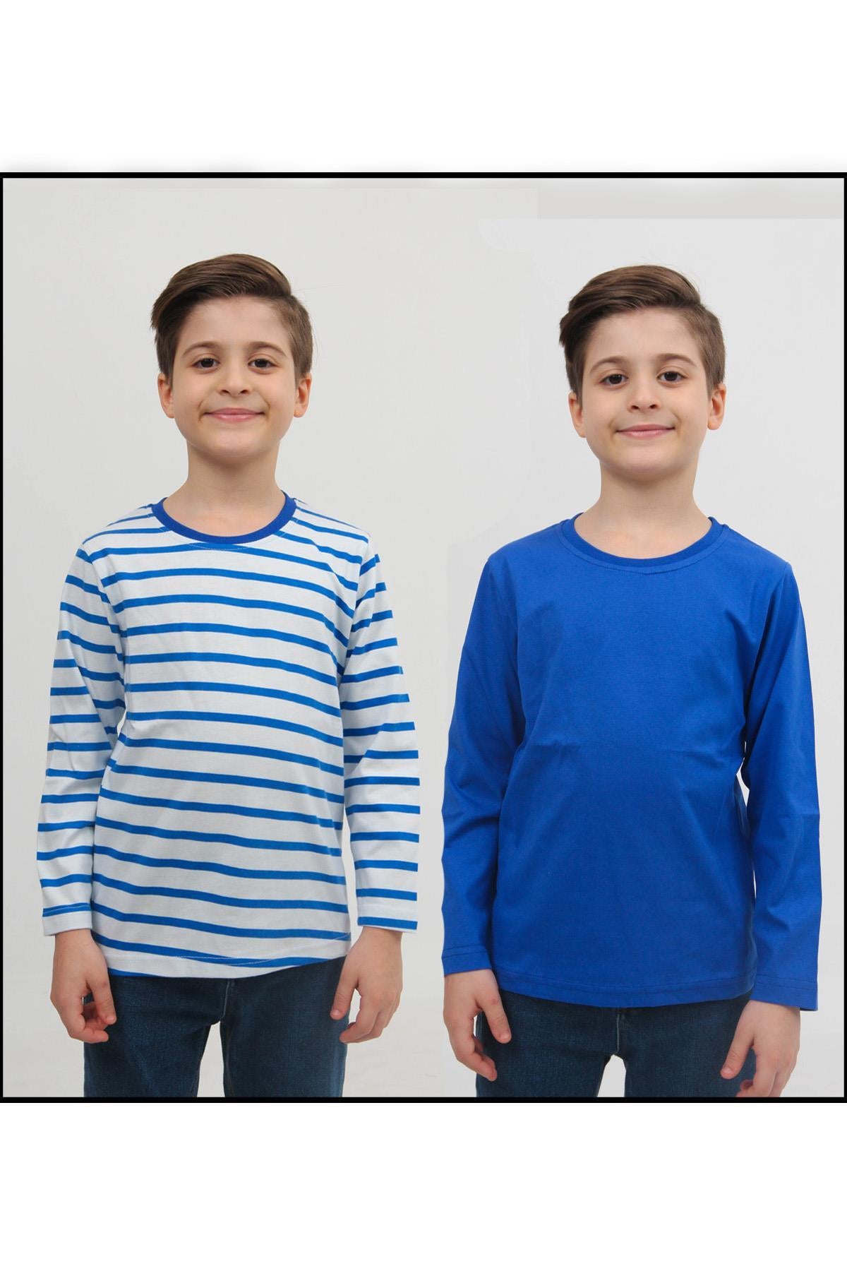 2'li Bisiklet Yaka Uzun Kollu Çizgili Ve Düz Unisex Çocuk Sweatshirt Mavi Beyaz - Perendi