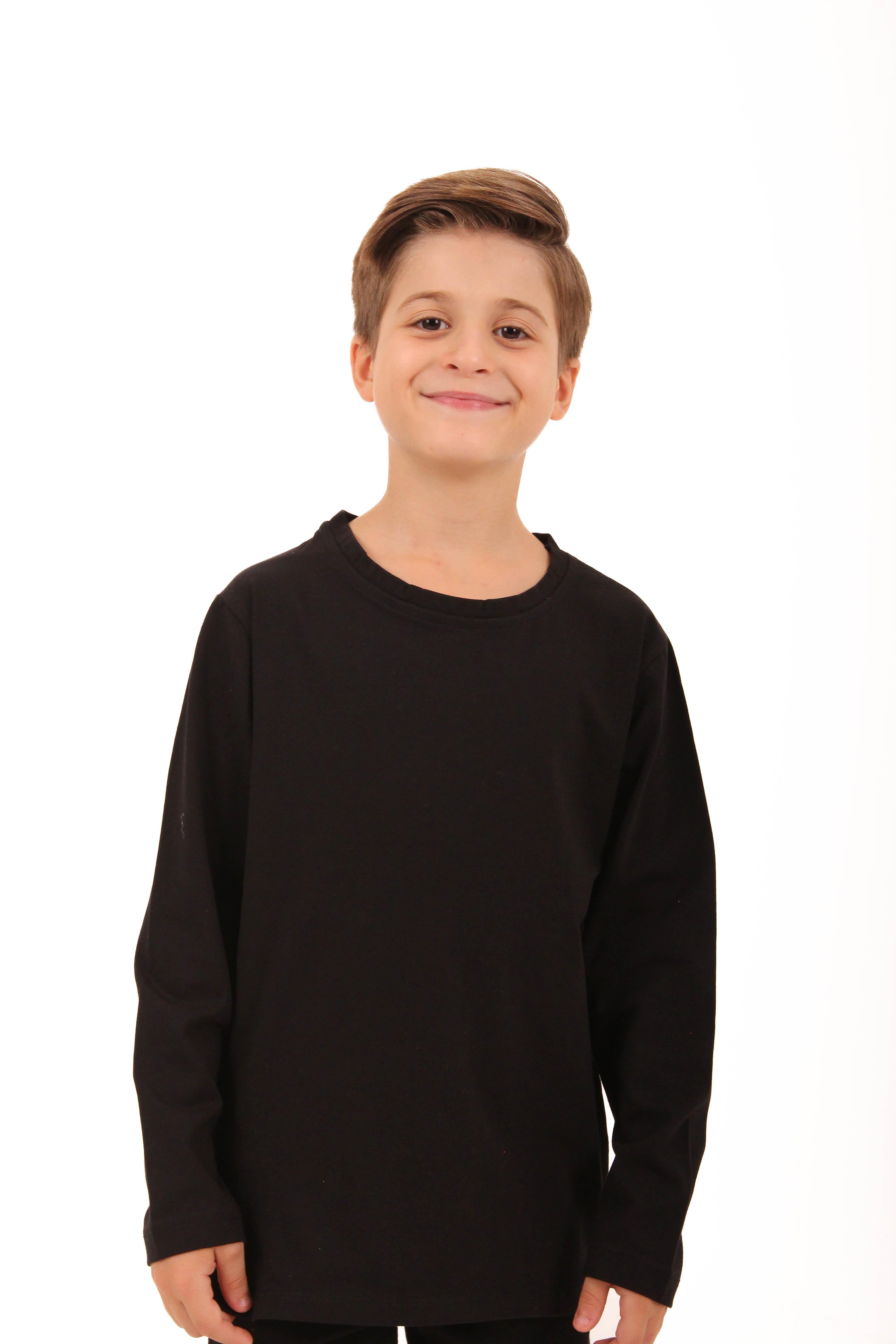 2'li Bisiklet Yaka Uzun Kollu Çizgili Ve Düz Unisex Çocuk Sweatshirt Siyah Gri-Siyah - Perendi