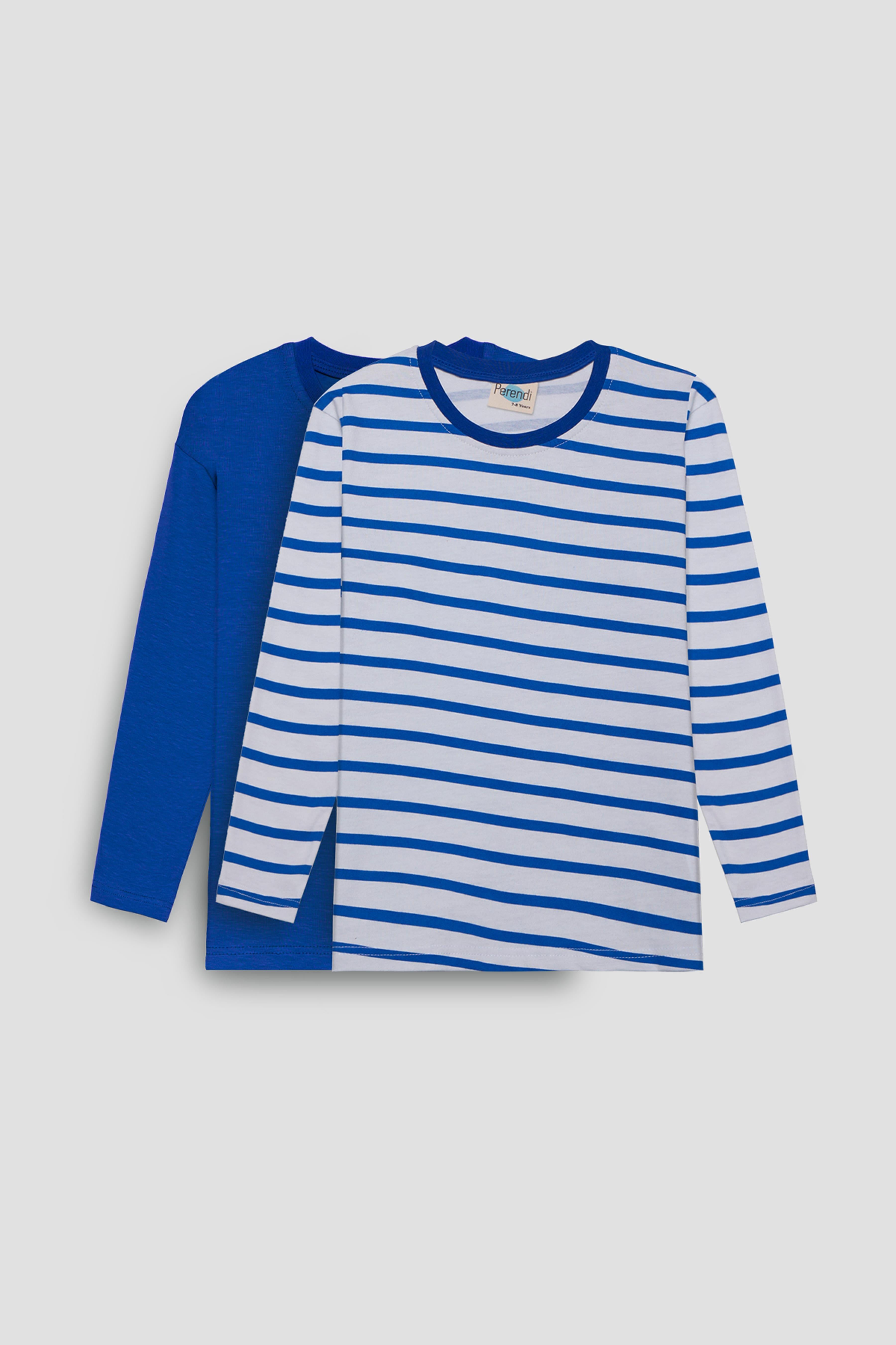 2'li Bisiklet Yaka Uzun Kollu Çizgili Ve Düz Unisex Çocuk Tshirt