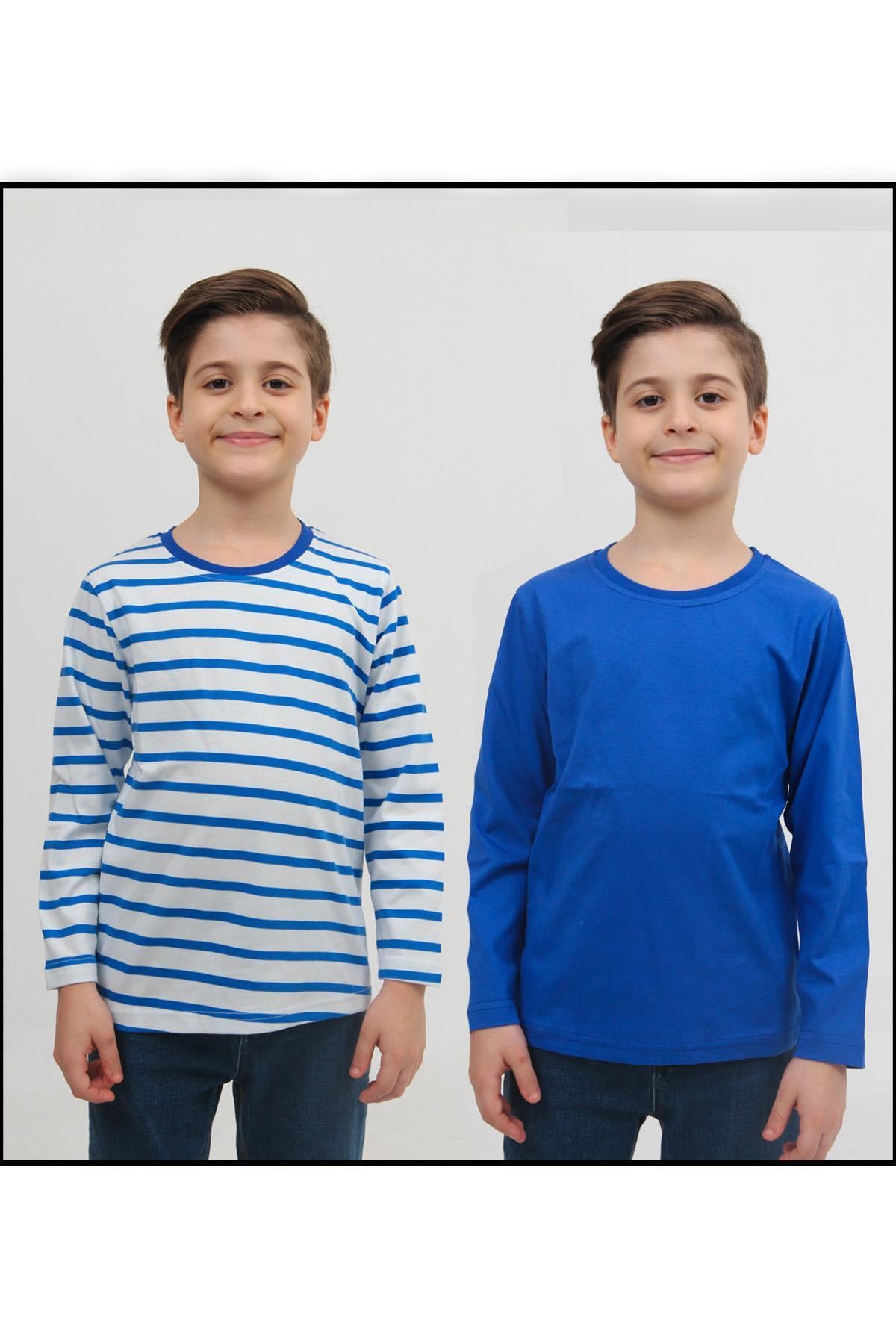 2'li Bisiklet Yaka Uzun Kollu Çizgili Ve Düz Unisex Çocuk Tshirt