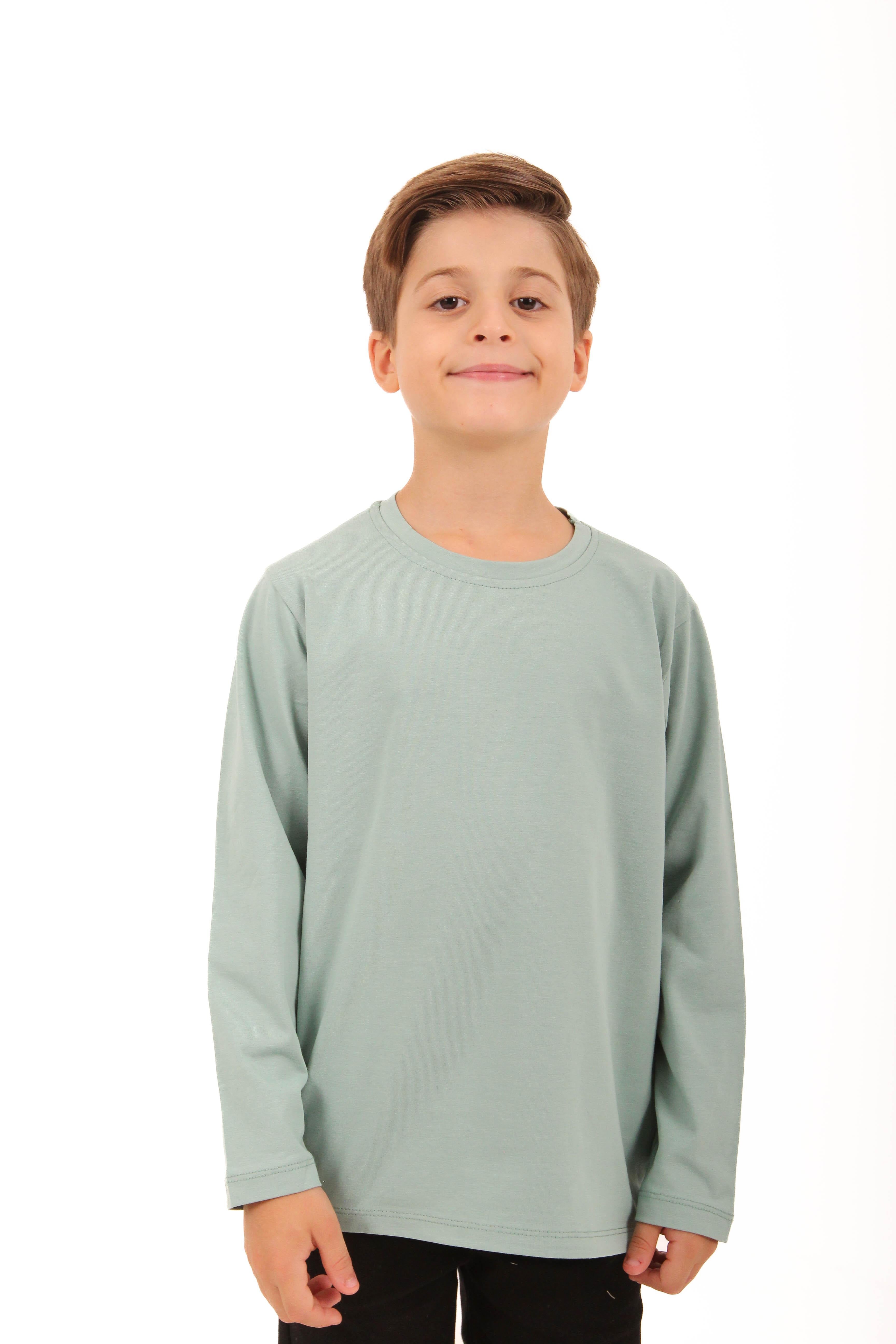 2'li Bisiklet Yaka Uzun Kollu Çizgili Ve Düz Unisex Çocuk Tshirt