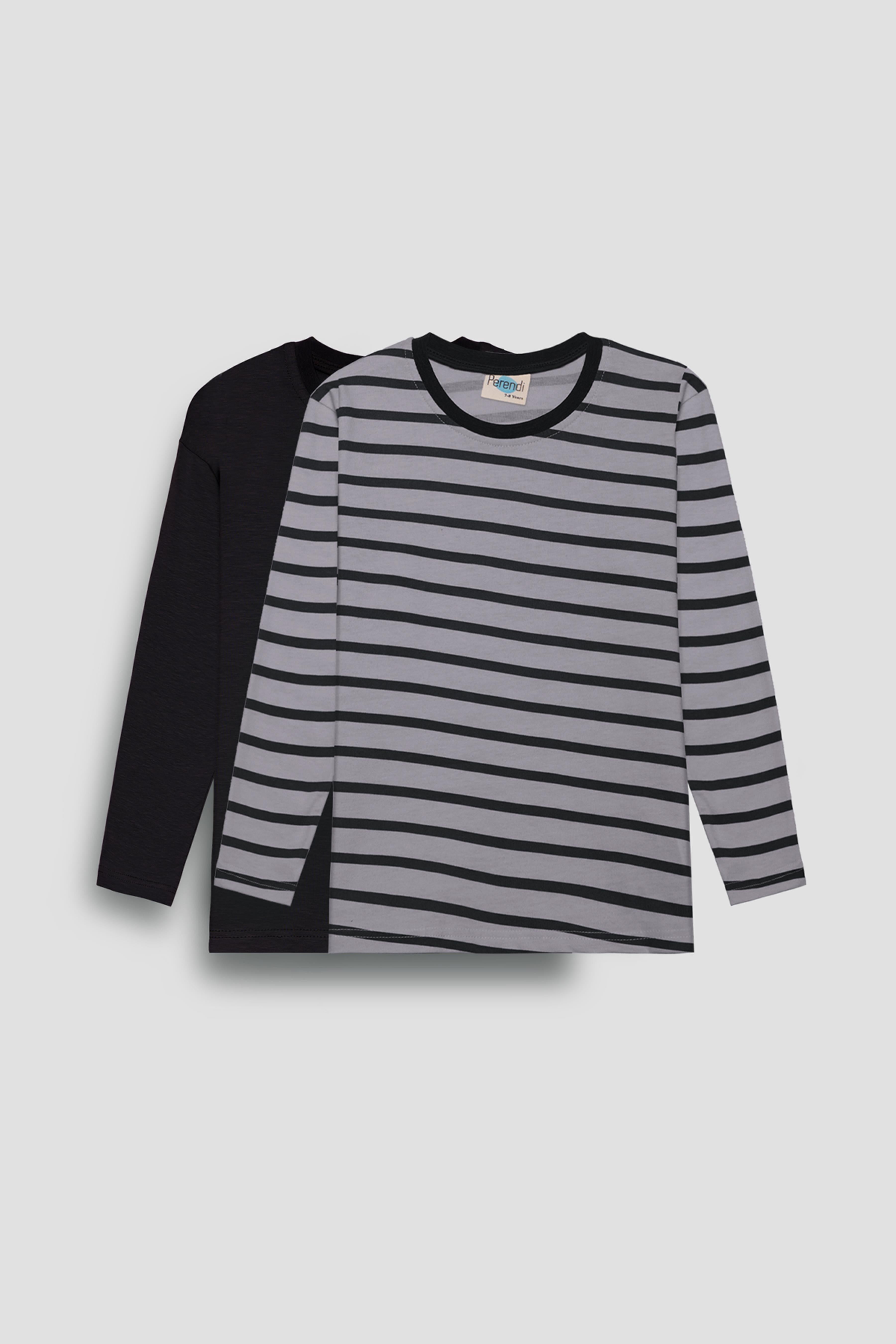 2'li Bisiklet Yaka Uzun Kollu Çizgili Ve Düz Unisex Çocuk Tshirt