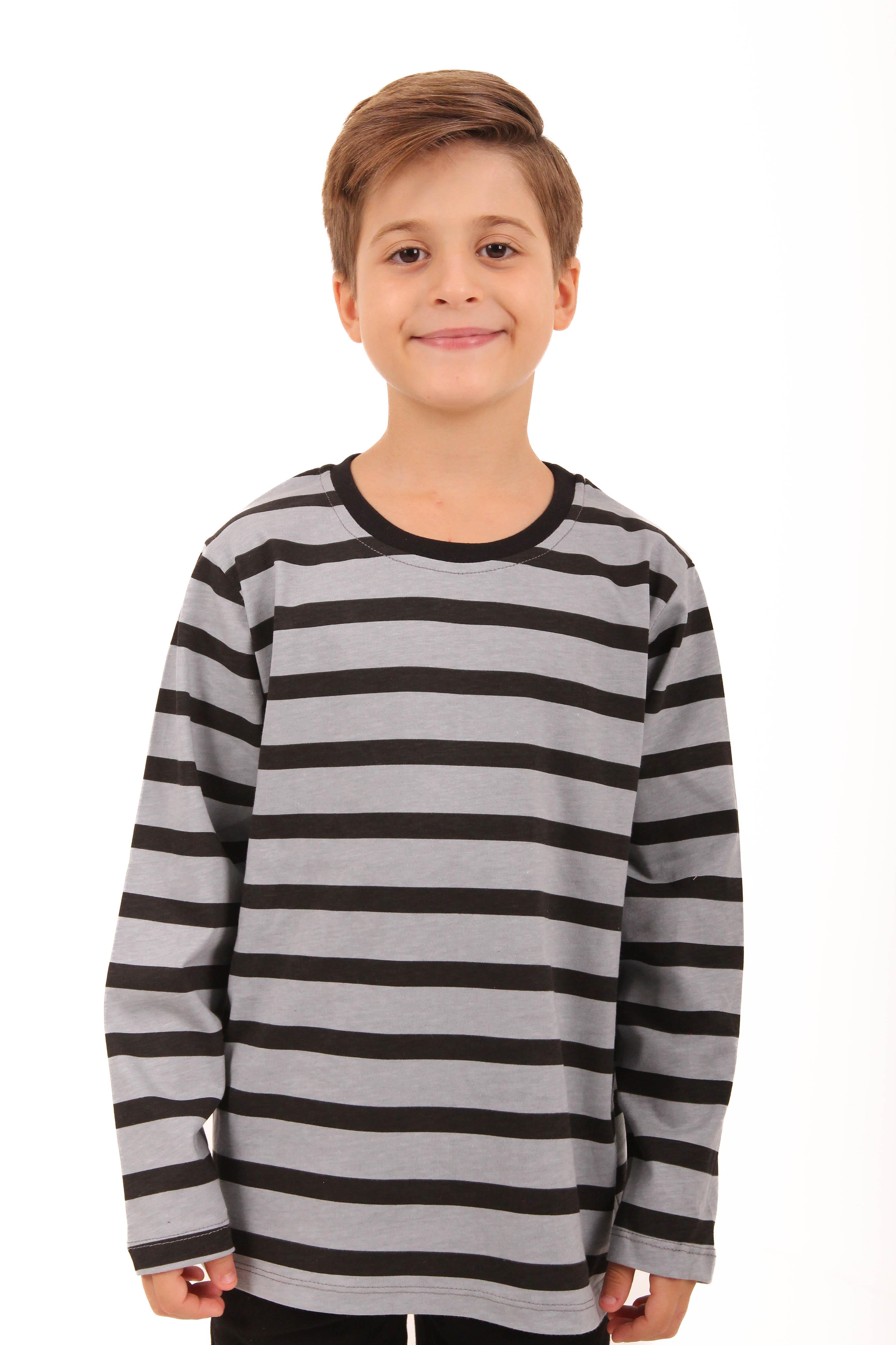 2'li Bisiklet Yaka Uzun Kollu Çizgili Ve Düz Unisex Çocuk Tshirt