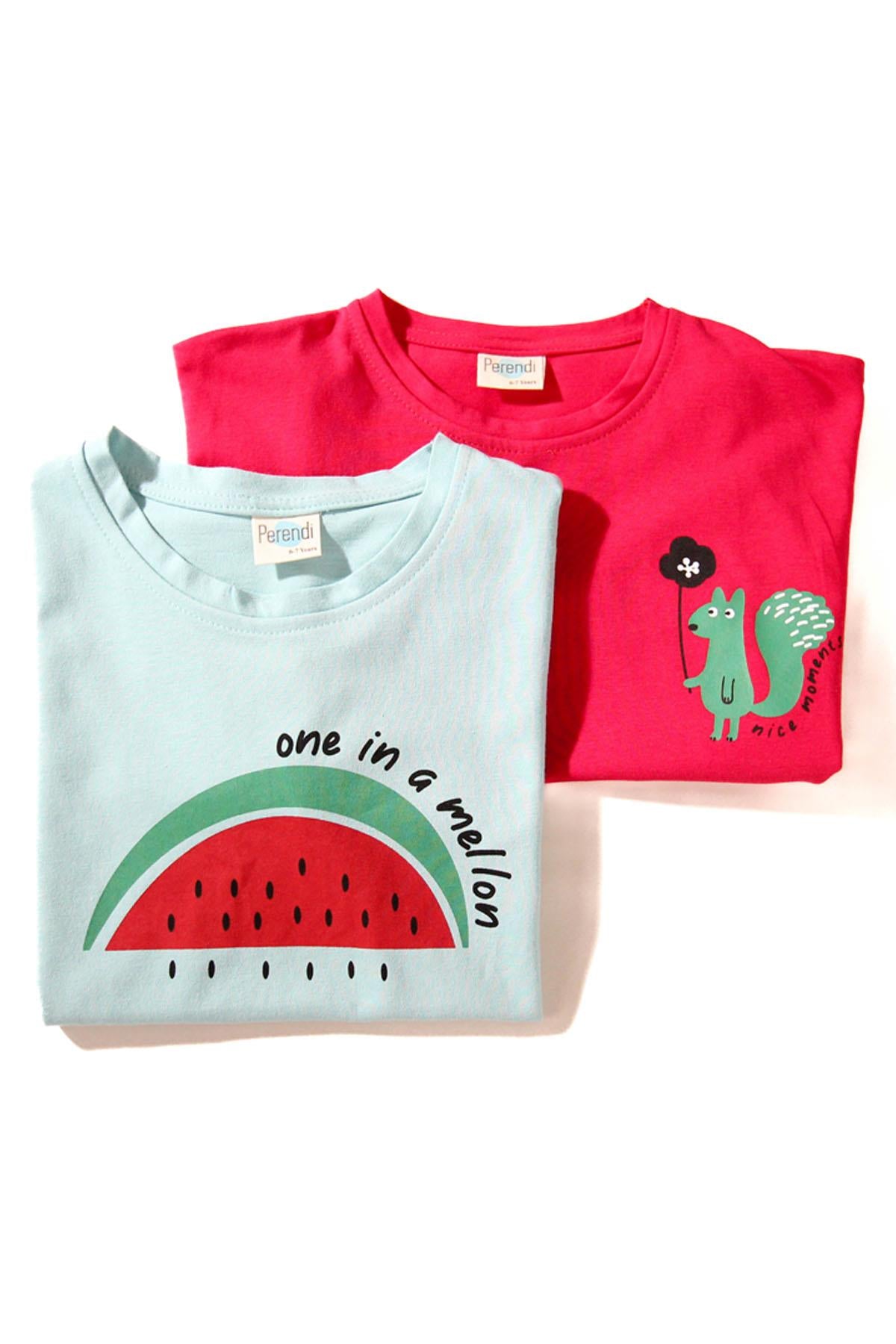 2'li Kısa Kollu Baskılı Unisex Çocuk Tshirt Açık Mavi-Kırmızı - Perendi