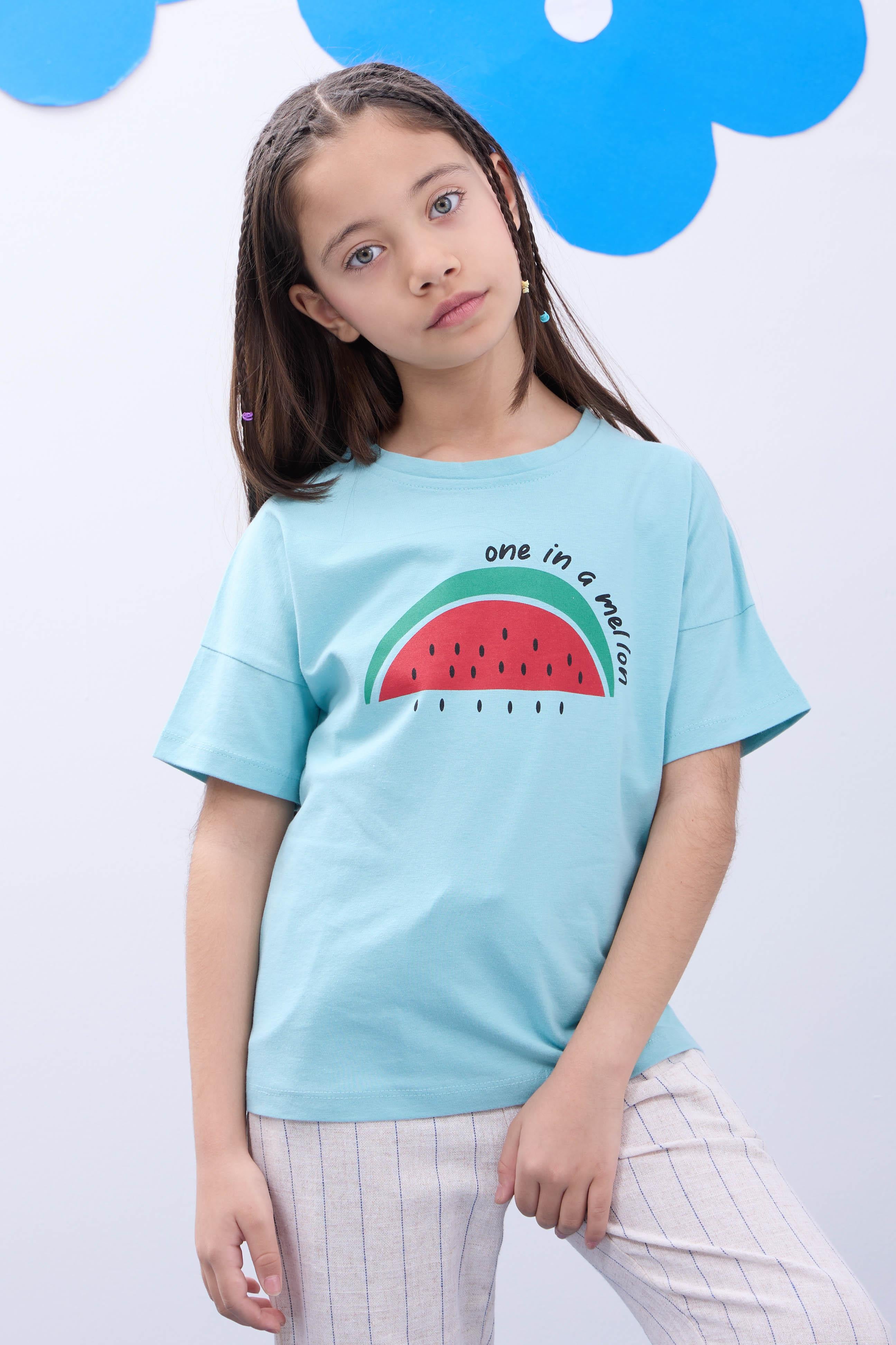 2'li Kısa Kollu Baskılı Unisex Çocuk Tshirt Açık Mavi-Kırmızı - Perendi