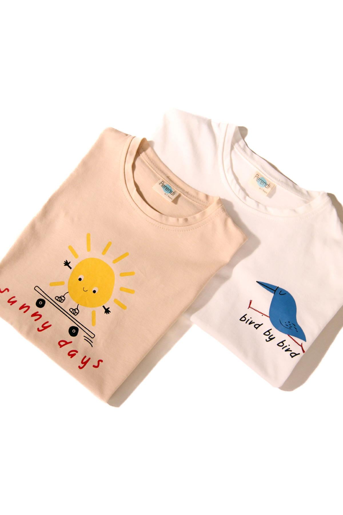 2'li Kısa Kollu Baskılı Unisex Çocuk Tshirt Bej-Beyaz - Perendi