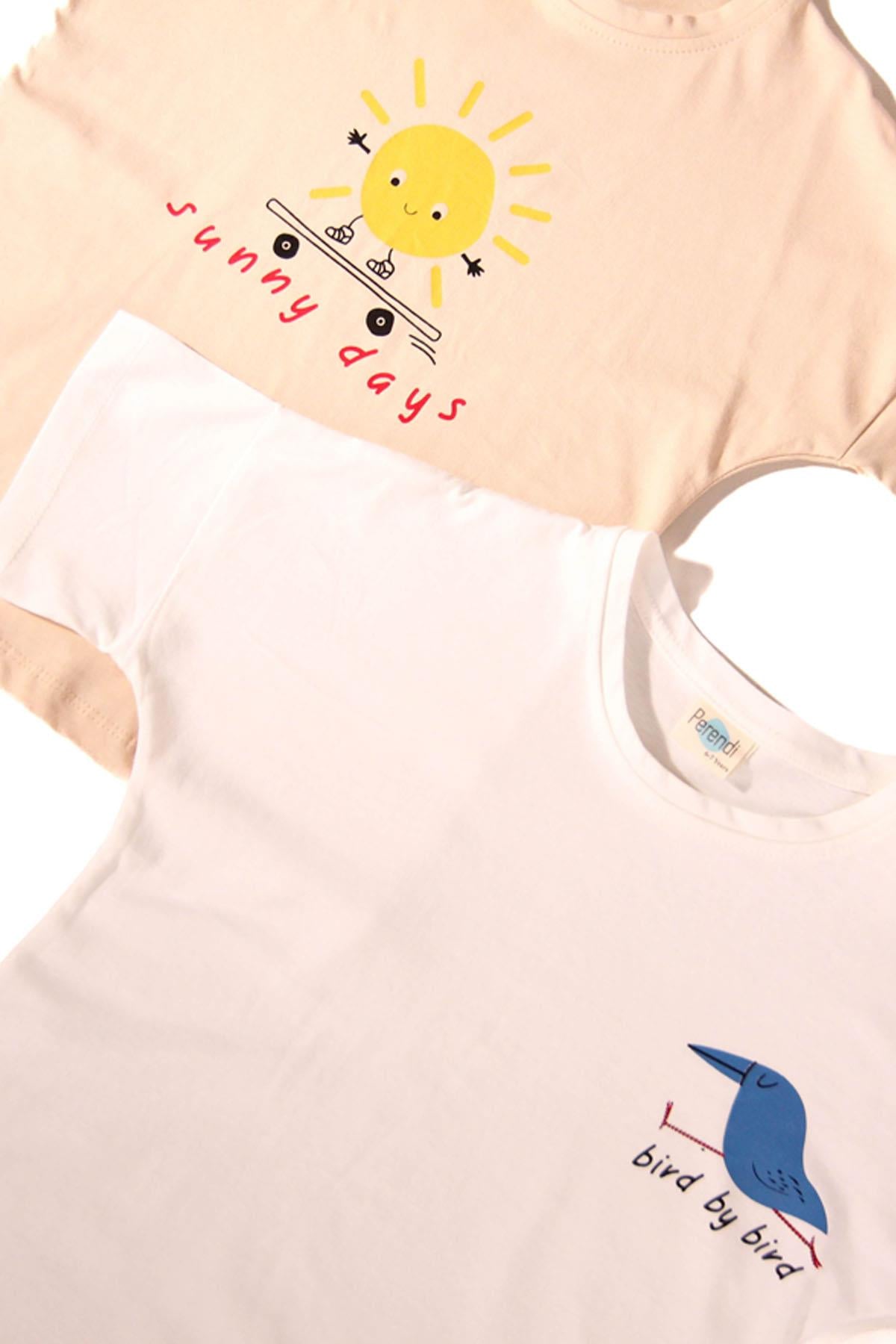 2'li Kısa Kollu Baskılı Unisex Çocuk Tshirt Bej-Beyaz - Perendi