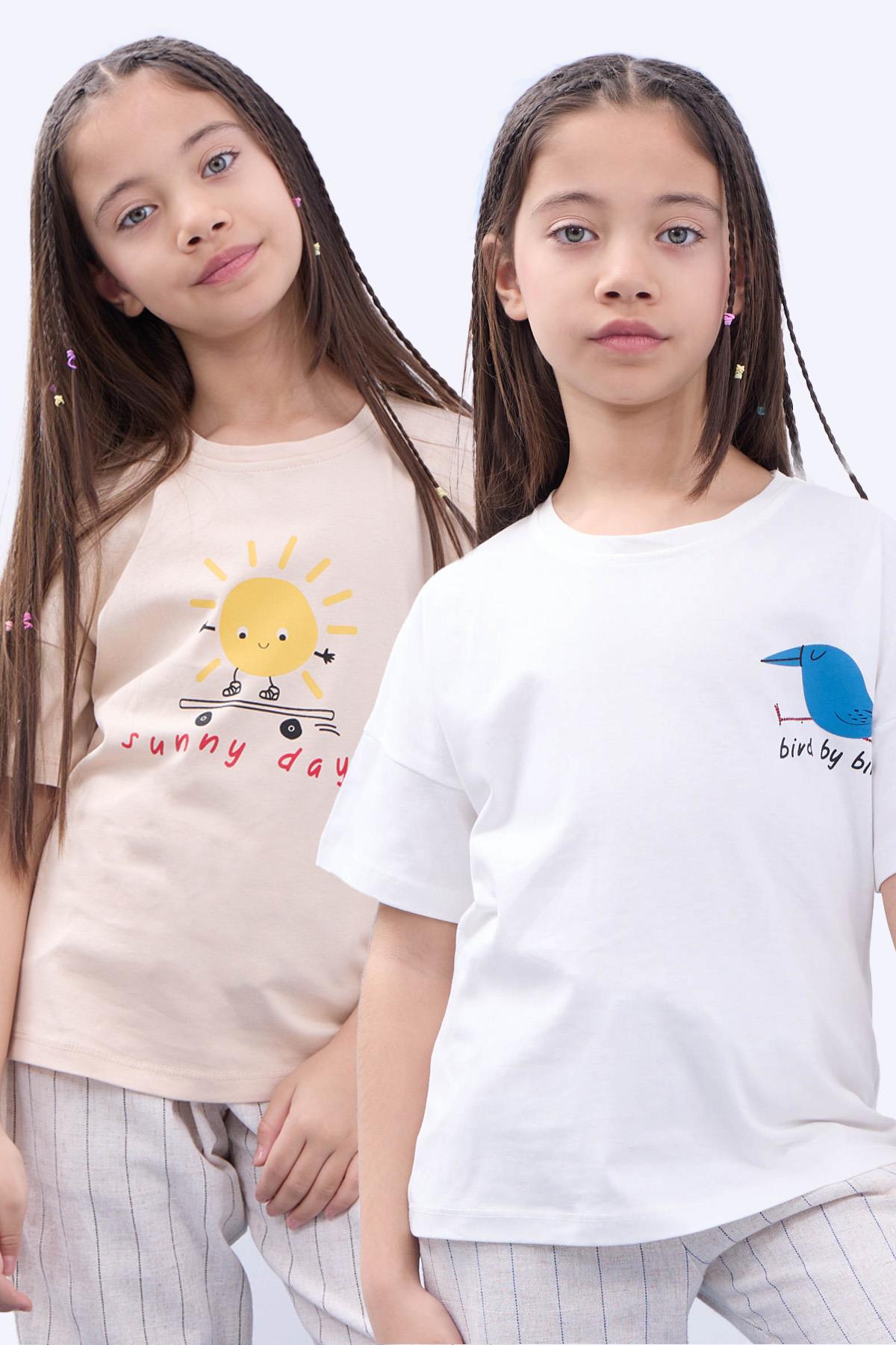 2'li Kısa Kollu Baskılı Unisex Çocuk Tshirt Bej-Beyaz - Perendi