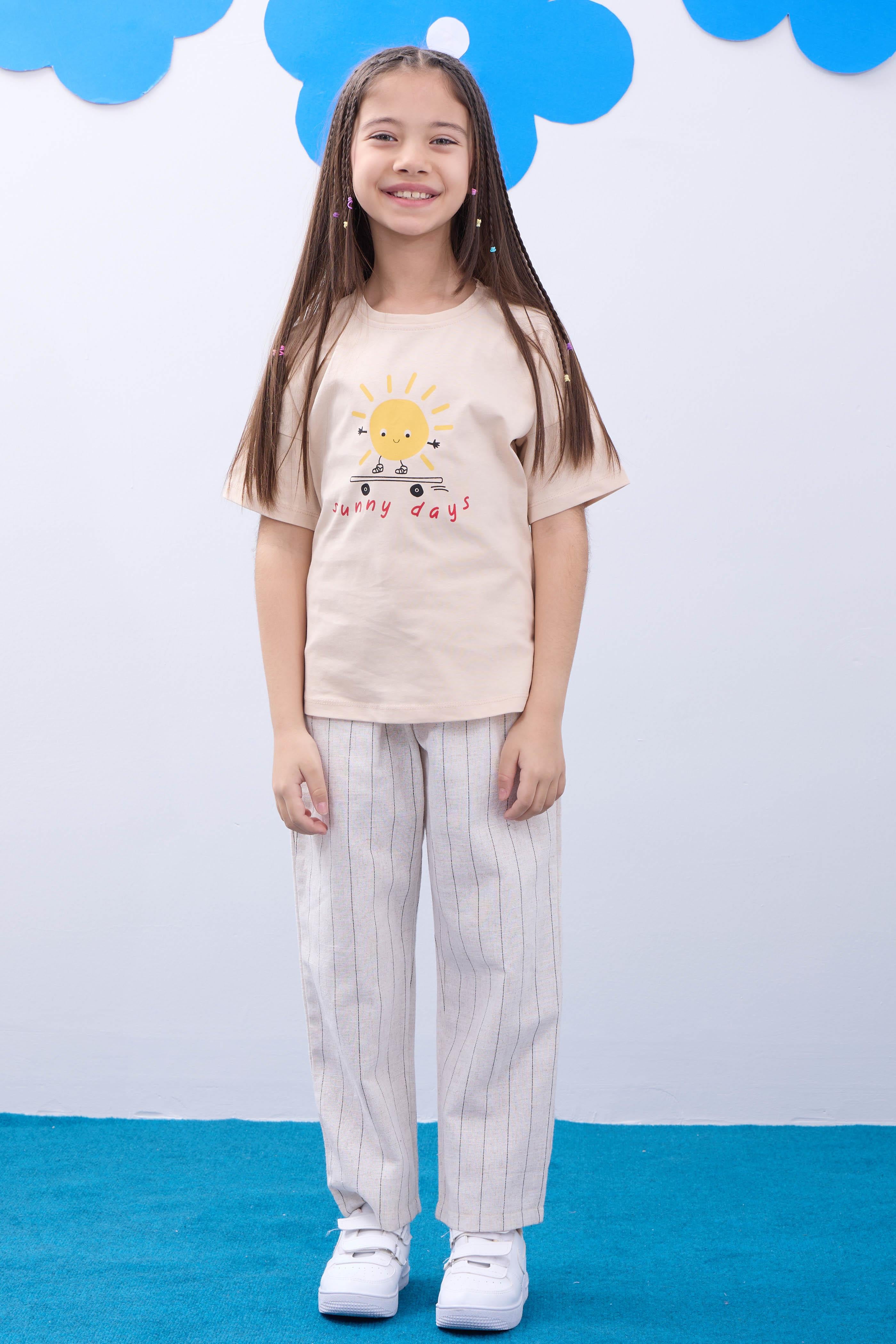 2'li Kısa Kollu Baskılı Unisex Çocuk Tshirt Bej-Beyaz - Perendi