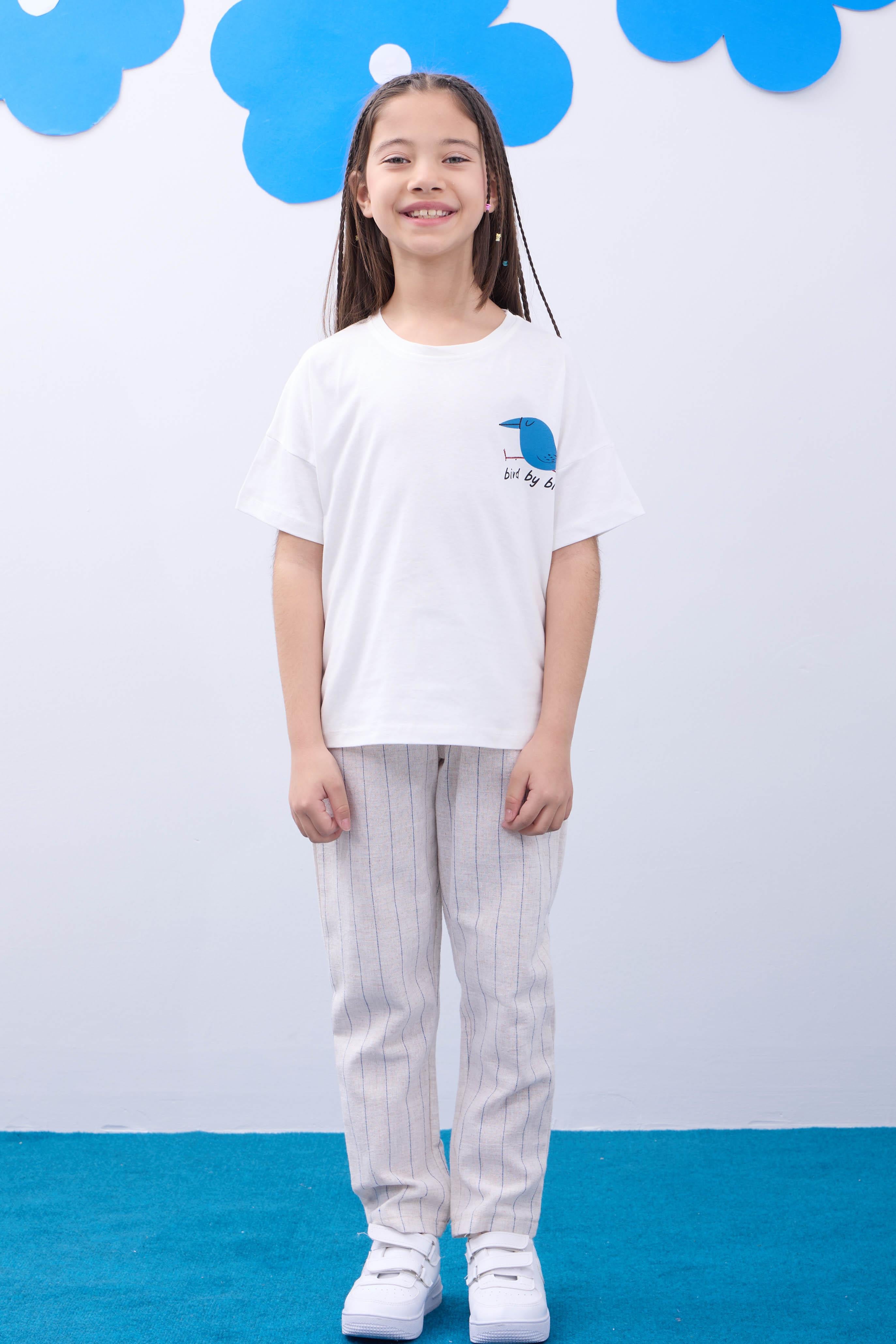 2'li Kısa Kollu Baskılı Unisex Çocuk Tshirt Bej-Beyaz - Perendi