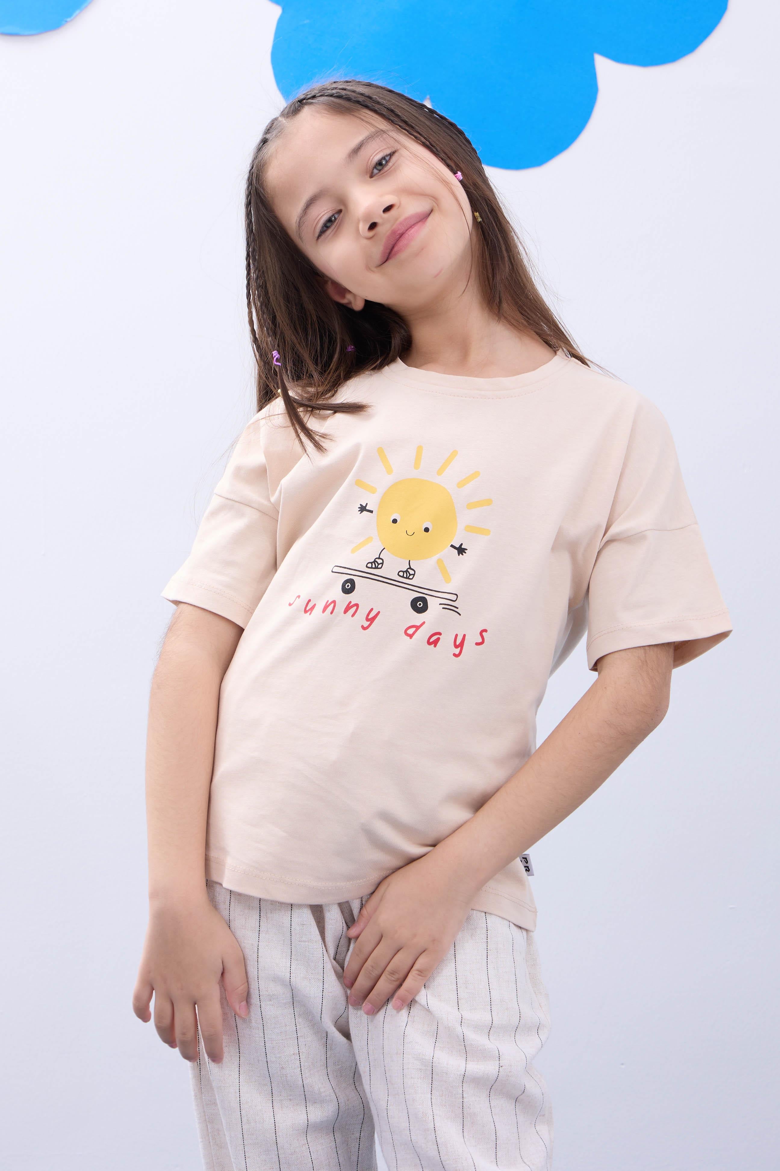 2'li Kısa Kollu Baskılı Unisex Çocuk Tshirt Bej-Beyaz - Perendi