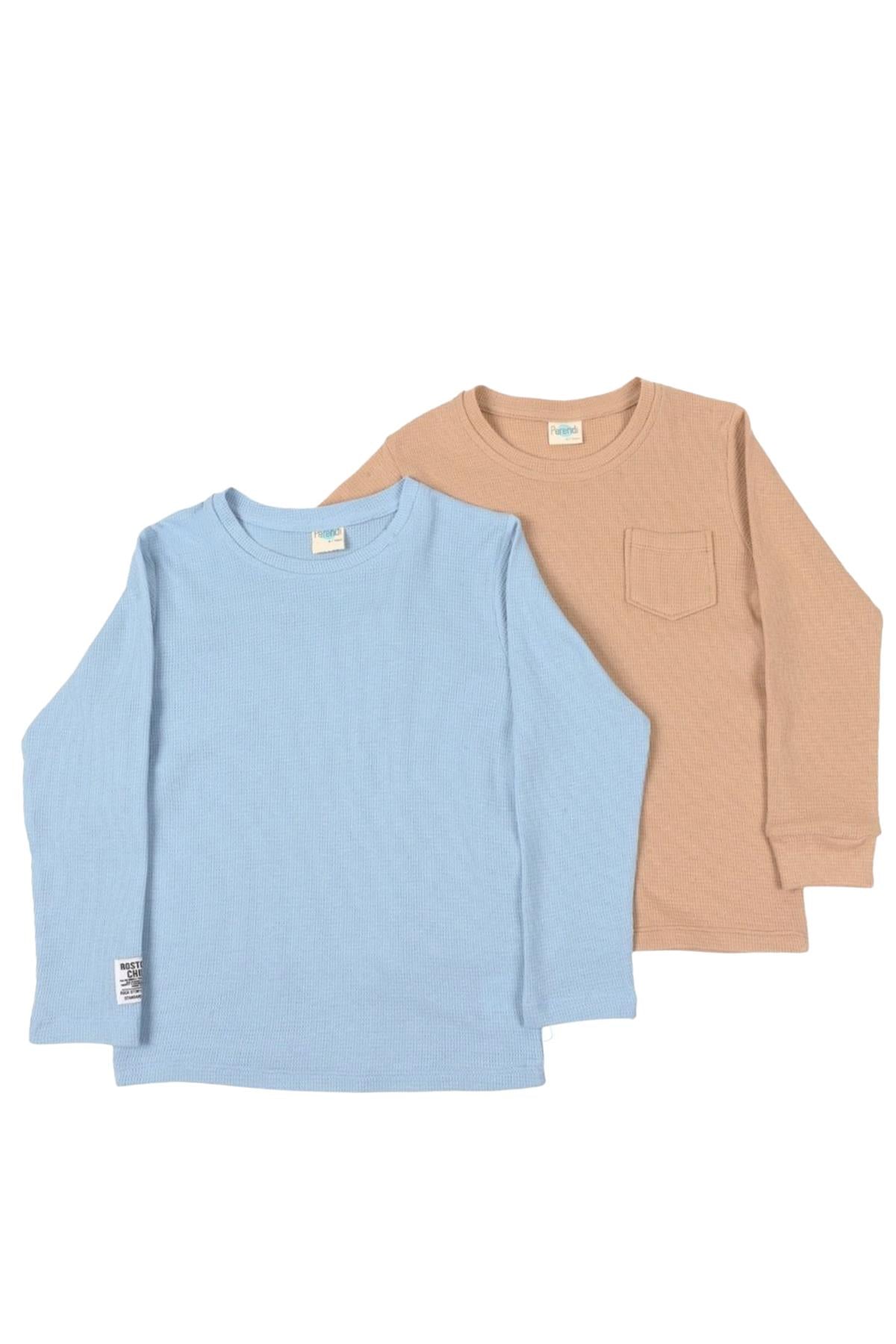 2'li Pamuk Waffle Uzun Kollu Unisex Çocuk Sweatshirt Bebe Mavi-Sütlü Kahve - Perendi