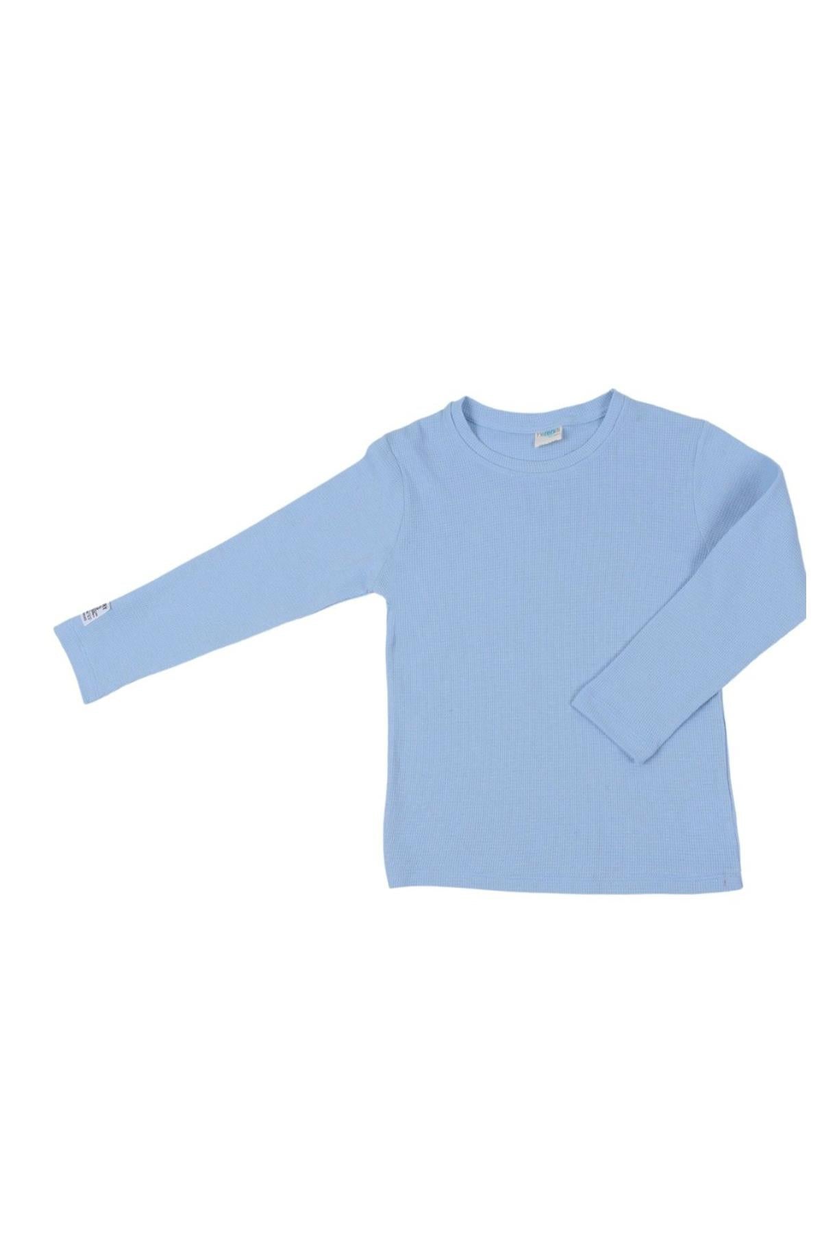 2'li Pamuk Waffle Uzun Kollu Unisex Çocuk Sweatshirt Bebe Mavi-Sütlü Kahve - Perendi