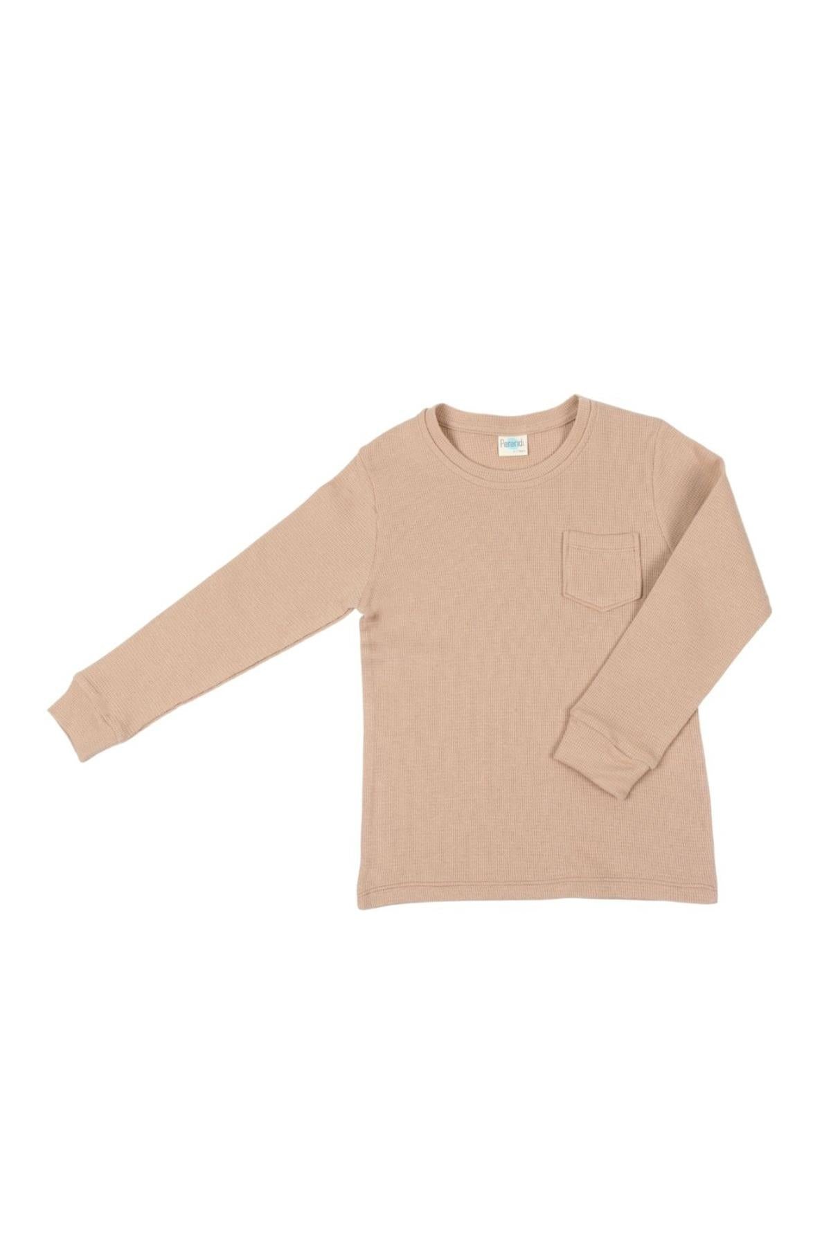 2'li Pamuk Waffle Uzun Kollu Unisex Çocuk Sweatshirt Bebe Mavi-Sütlü Kahve - Perendi