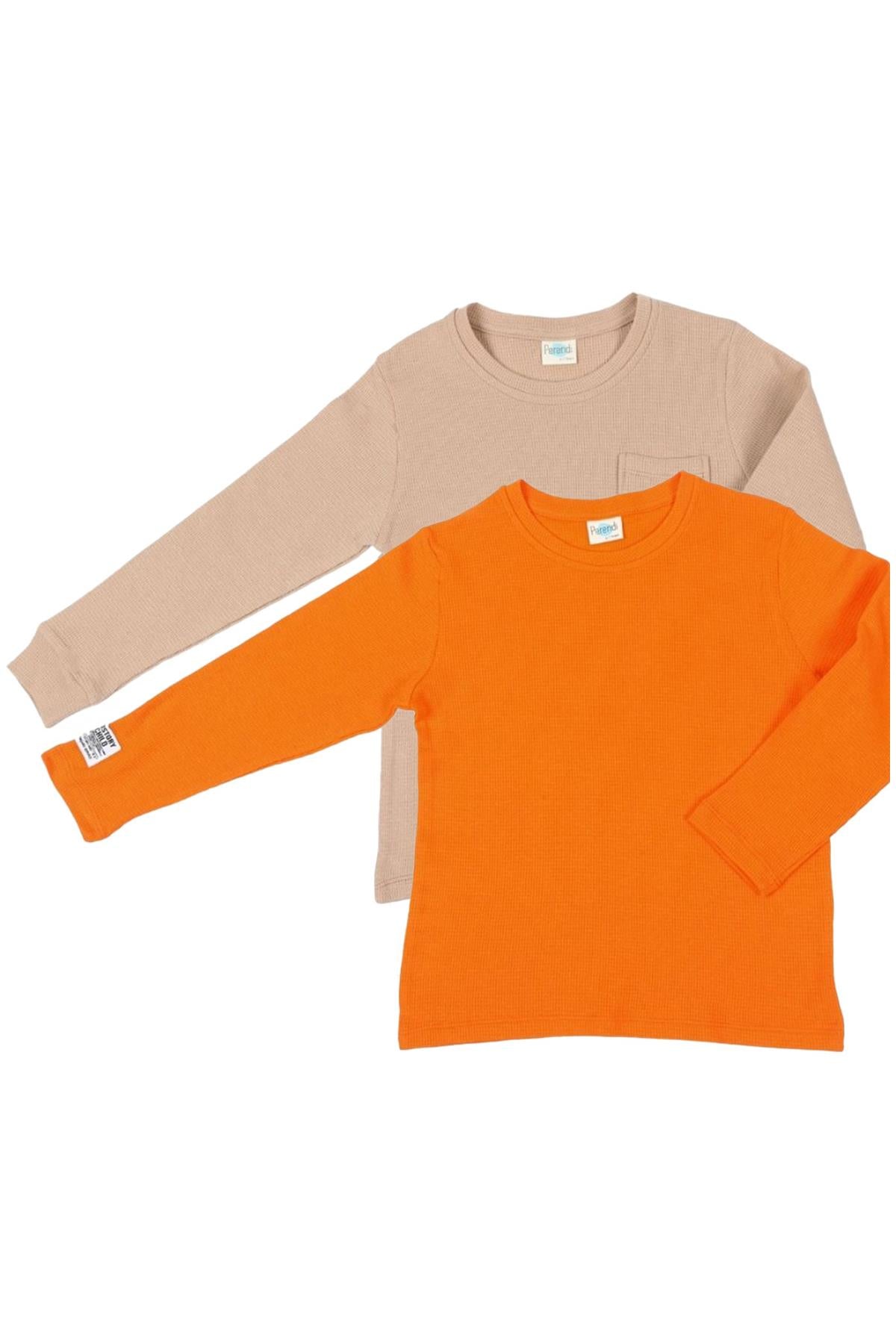 2'li Pamuk Waffle Uzun Kollu Unisex Çocuk Sweatshirt Turuncu-Bej - Perendi