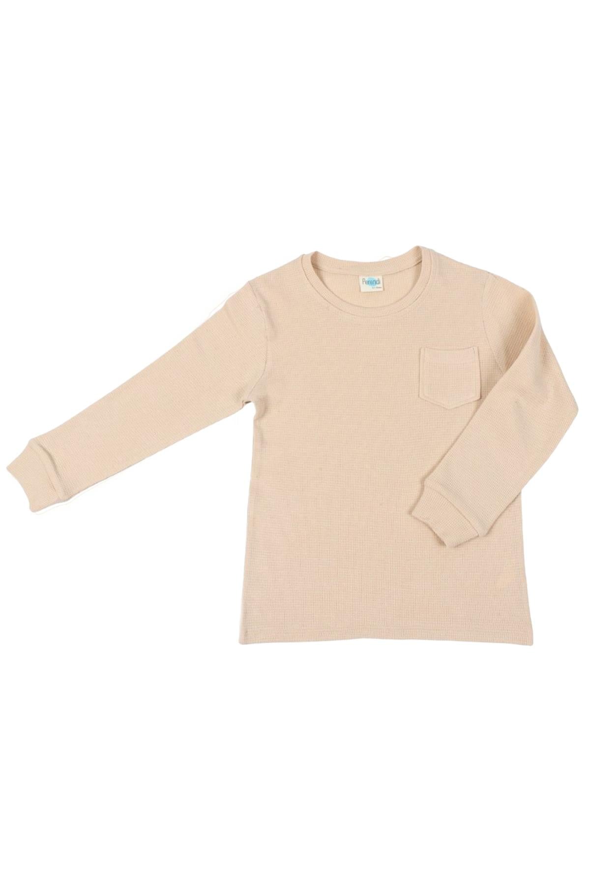 2'li Pamuk Waffle Uzun Kollu Unisex Çocuk Sweatshirt Turuncu-Bej - Perendi
