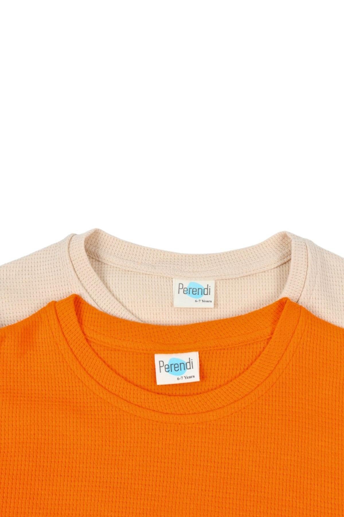 2'li Pamuk Waffle Uzun Kollu Unisex Çocuk Sweatshirt Turuncu-Bej - Perendi