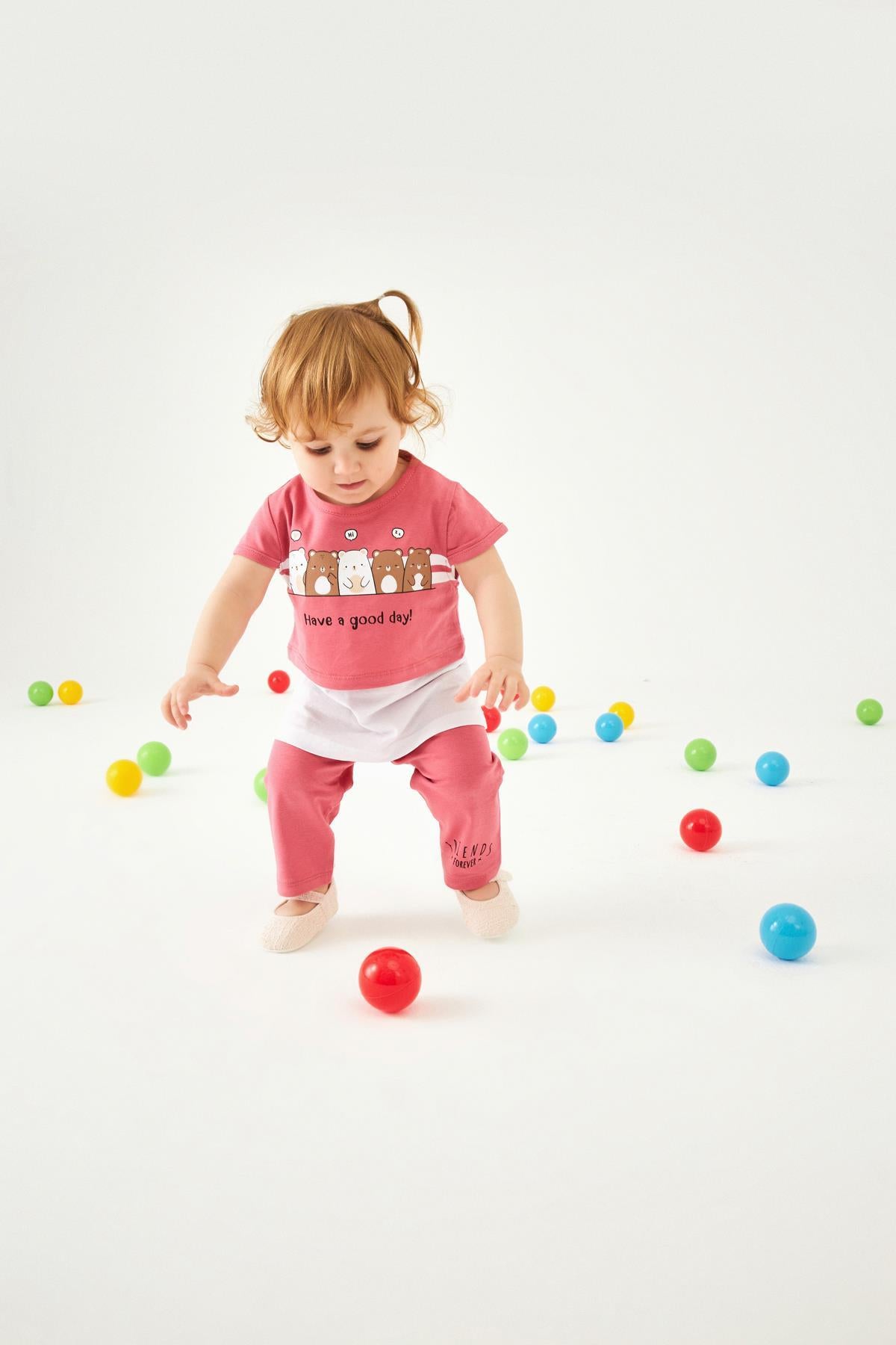 Ayıcık Desenli Atletli ve Taytlı Kız Çocuk Üçlü Takım