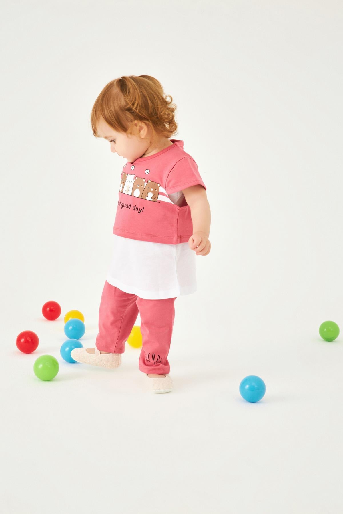 Ayıcık Desenli Atletli ve Taytlı Kız Çocuk Üçlü Takım