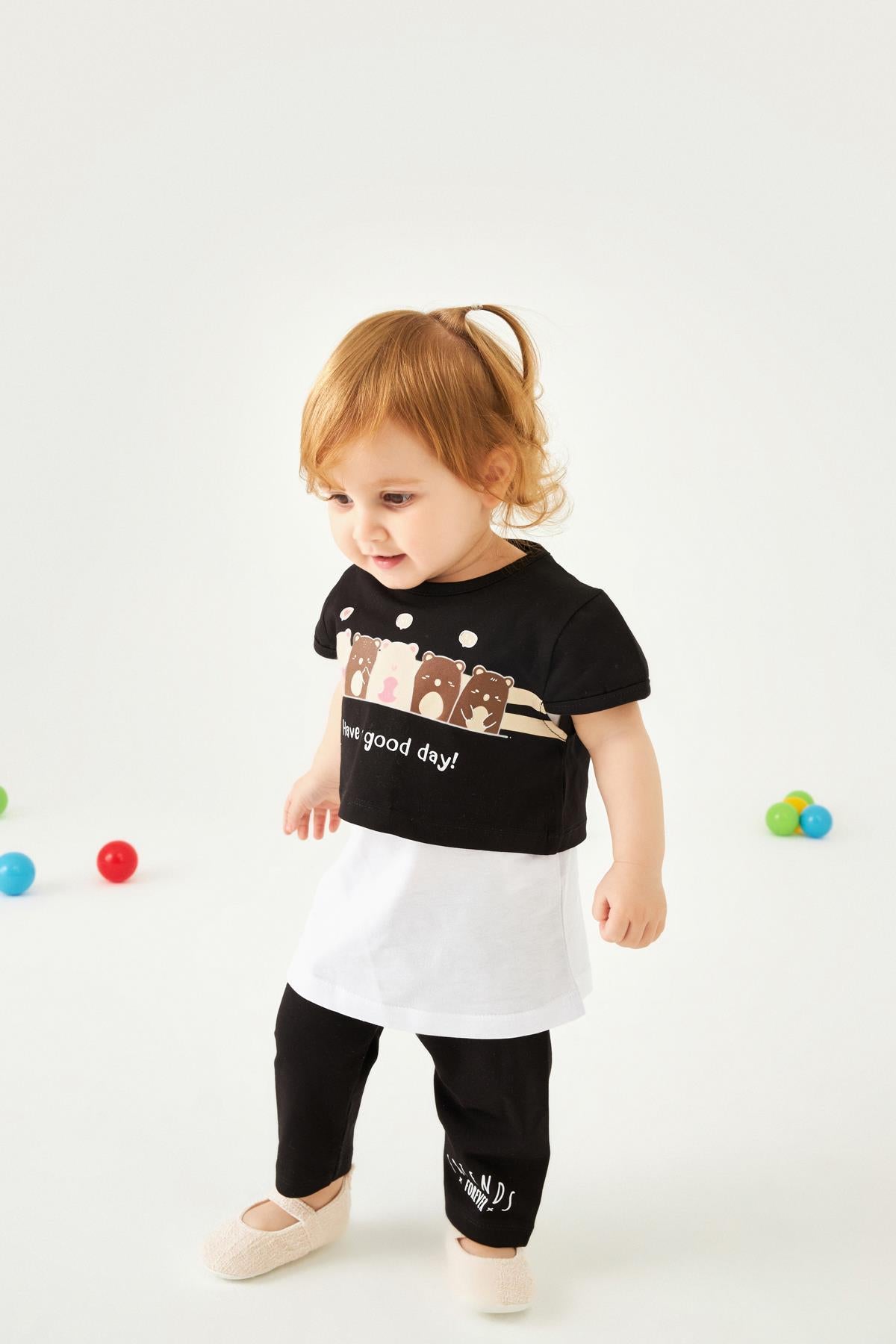 Ayıcık Desenli Atletli ve Taytlı Kız Çocuk Üçlü Takım