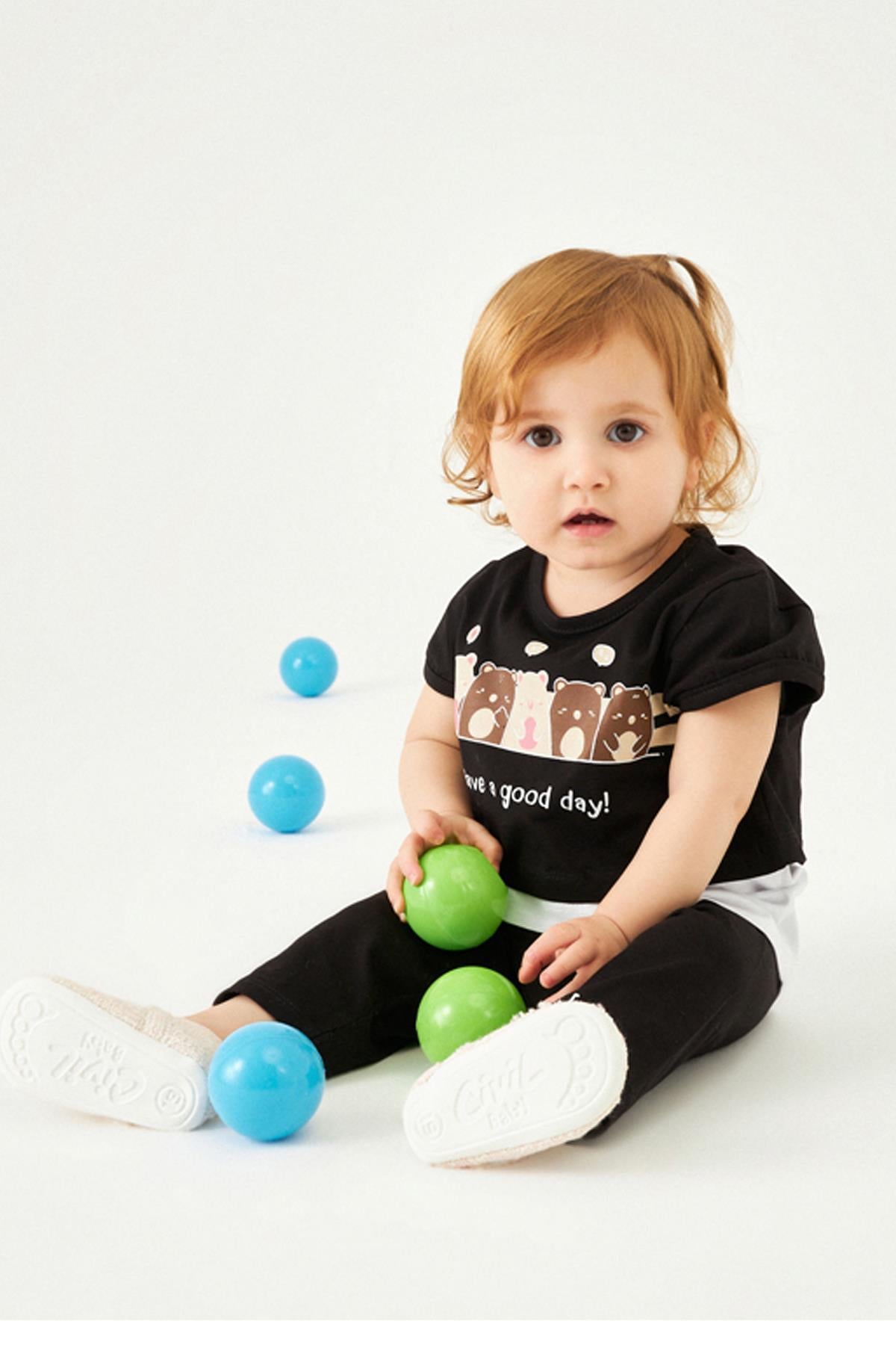 Ayıcık Desenli Atletli ve Taytlı Kız Çocuk Üçlü Takım