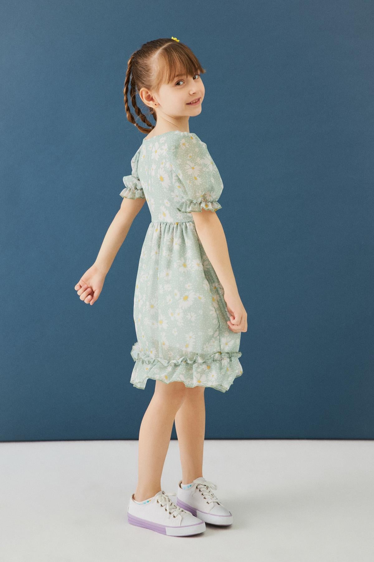 Balon Kollu Eteği Fırfırlı Çiçek Desenli Kız Çocuk Elbise