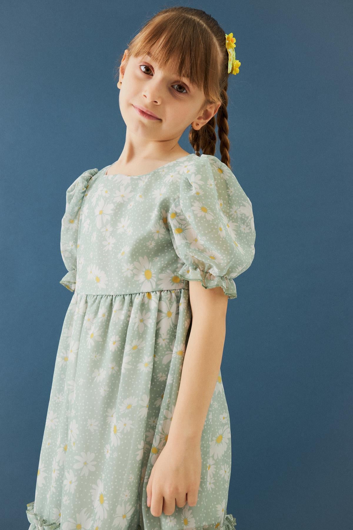 Balon Kollu Eteği Fırfırlı Çiçek Desenli Kız Çocuk Elbise