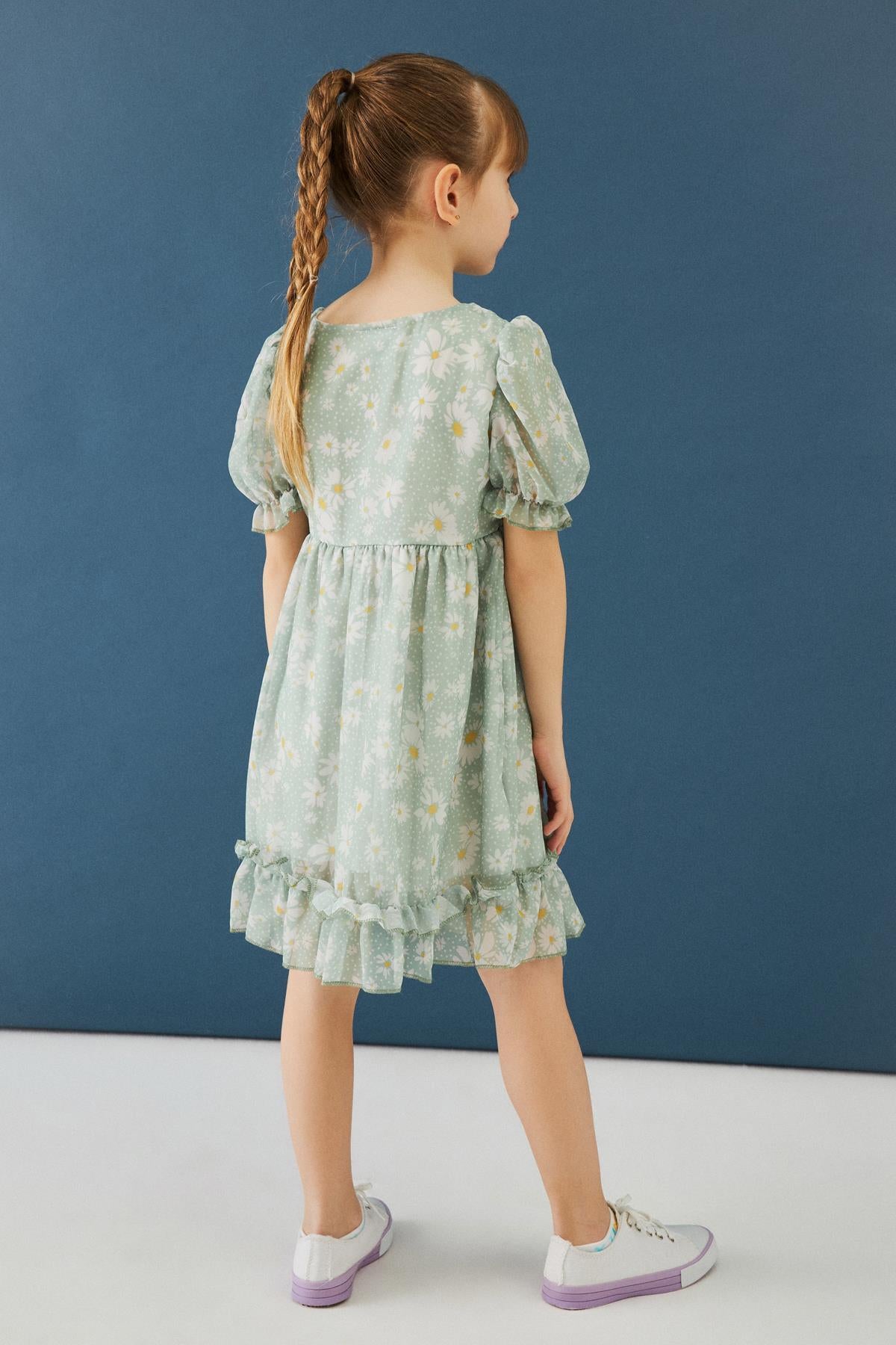 Balon Kollu Eteği Fırfırlı Çiçek Desenli Kız Çocuk Elbise