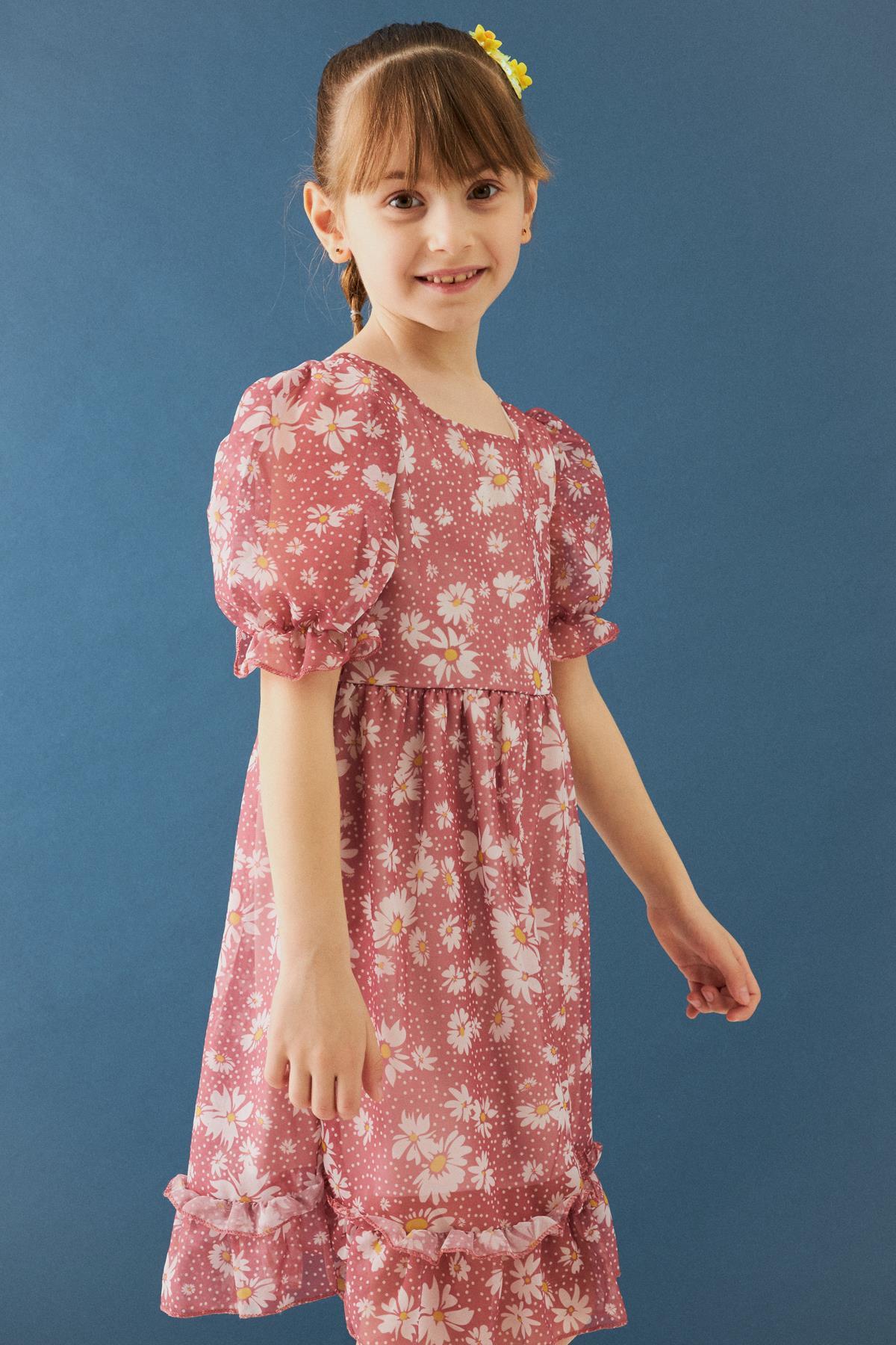 Balon Kollu Eteği Fırfırlı Çiçek Desenli Kız Çocuk Elbise