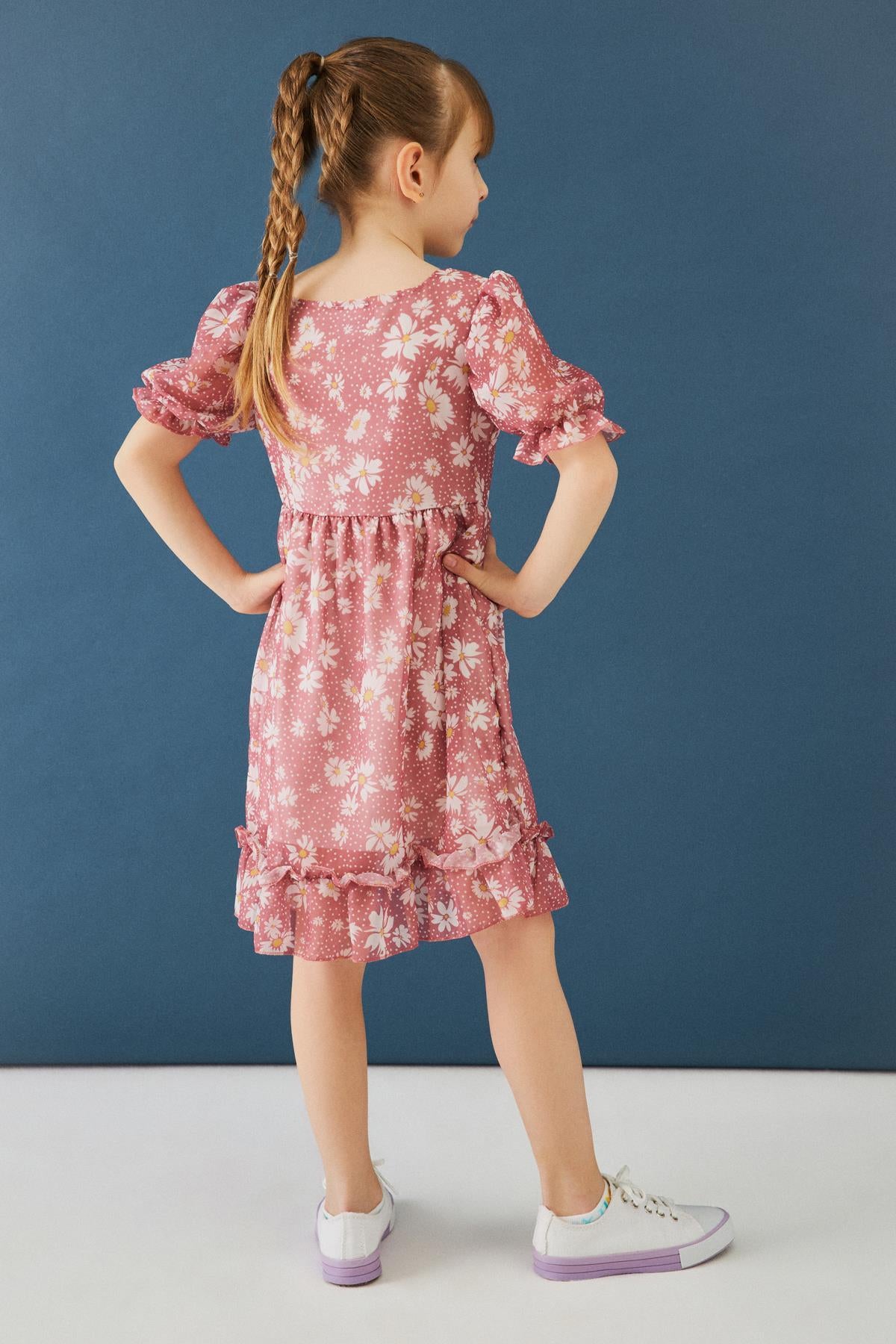 Balon Kollu Eteği Fırfırlı Çiçek Desenli Kız Çocuk Elbise