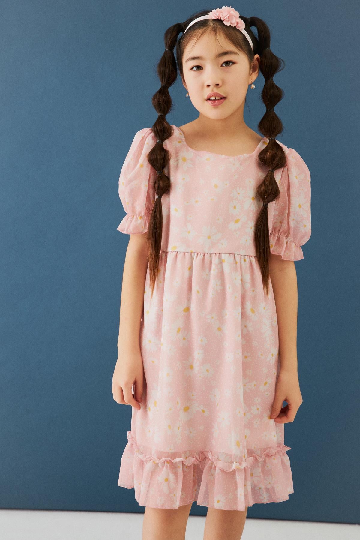 Balon Kollu Eteği Fırfırlı Çiçek Desenli Kız Çocuk Elbise