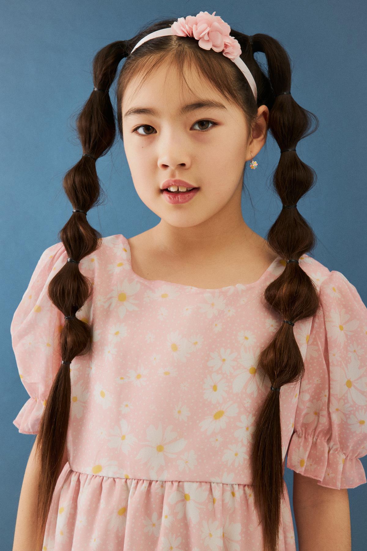 Balon Kollu Eteği Fırfırlı Çiçek Desenli Kız Çocuk Elbise