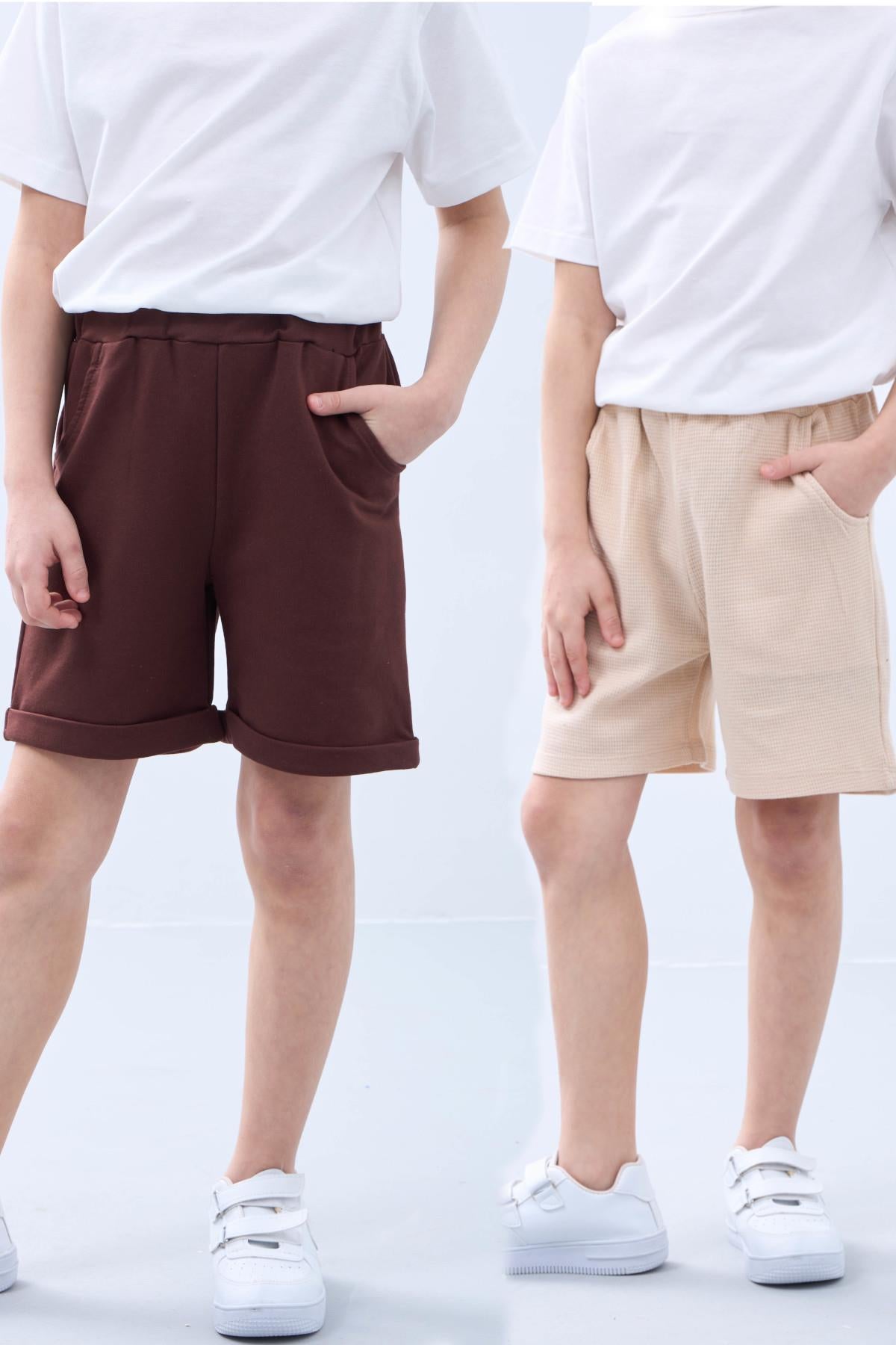 Basic Erkek Çocuk İkili Bermuda Şort Kahverengi Bej - Perendi