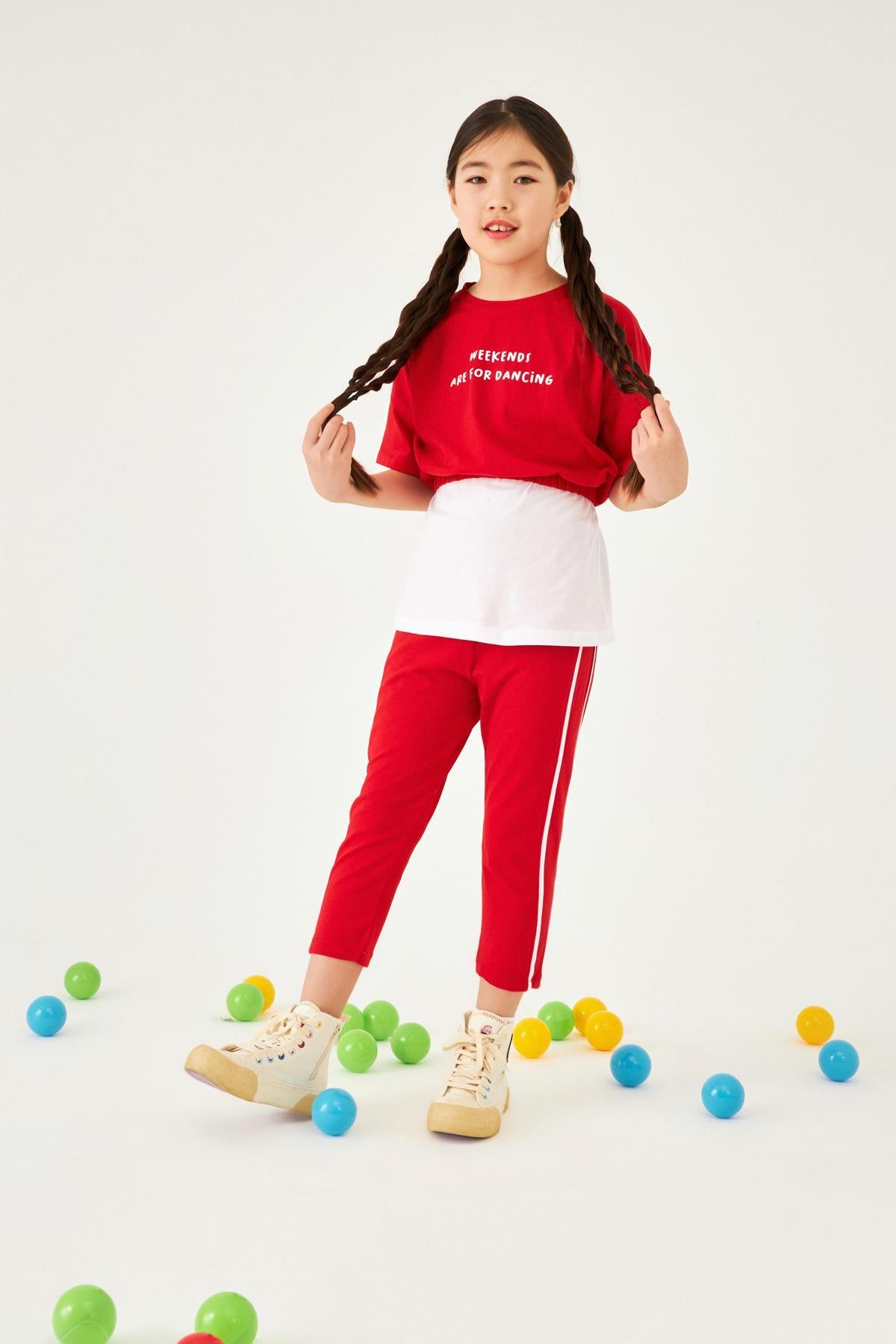 Baskılı Şerit Detaylı Atletli ve Taytlı Kız Çocuk Üçlü Takım