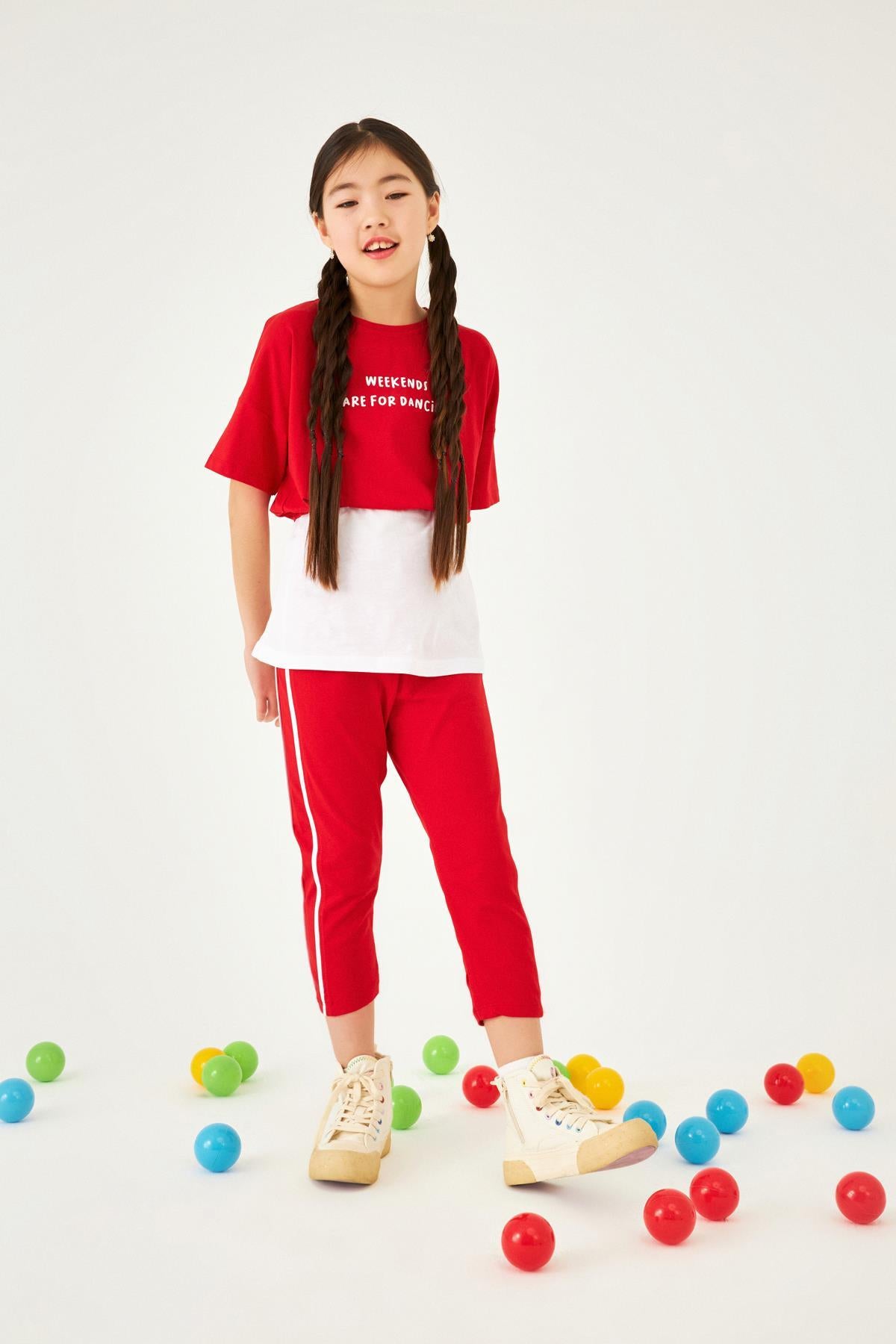 Baskılı Şerit Detaylı Atletli ve Taytlı Kız Çocuk Üçlü Takım