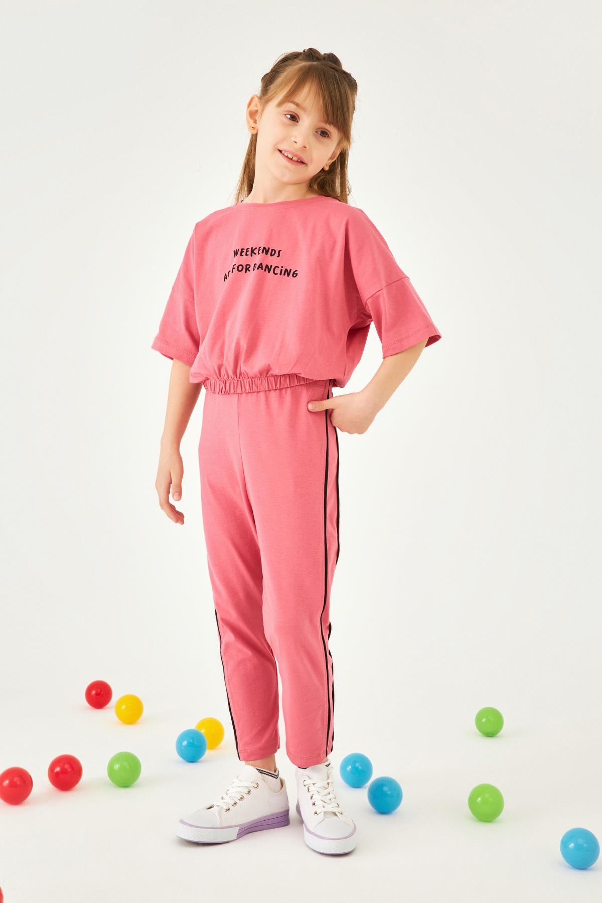 Baskılı Şerit Detaylı Atletli ve Taytlı Kız Çocuk Üçlü Takım Gül Kurusu - Perendi