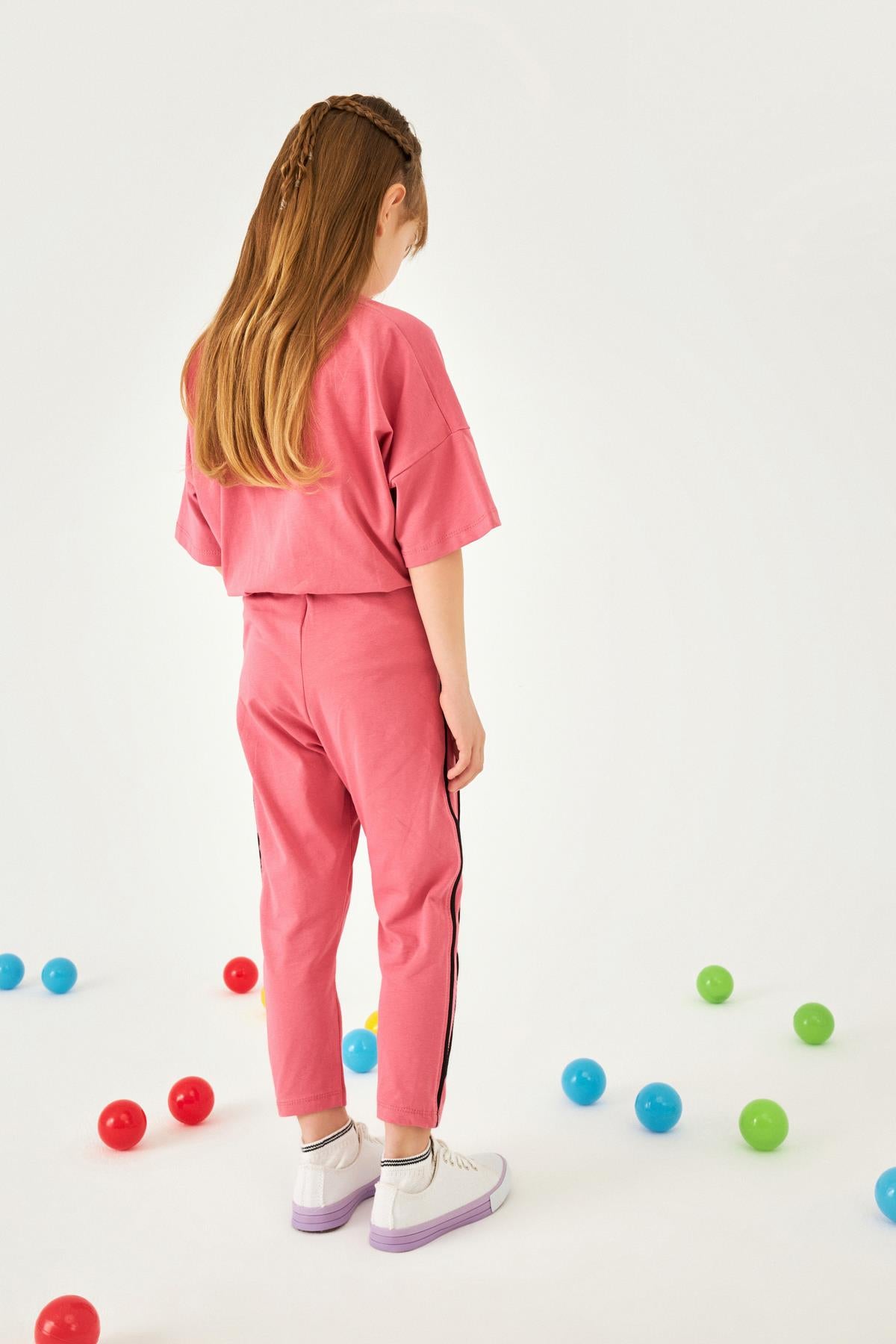 Baskılı Şerit Detaylı Atletli ve Taytlı Kız Çocuk Üçlü Takım Gül Kurusu - Perendi