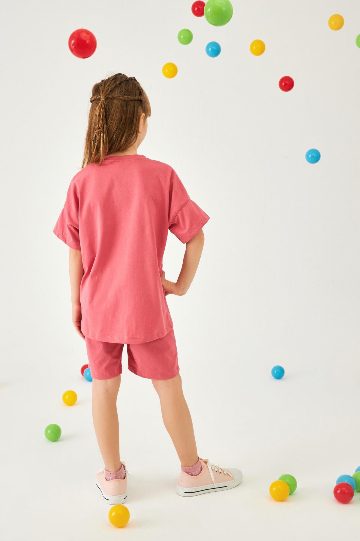 Bisiklet Yaka Düşük Omuz Basic Nakışlı Şortlu Unisex Çocuk İkili Takım