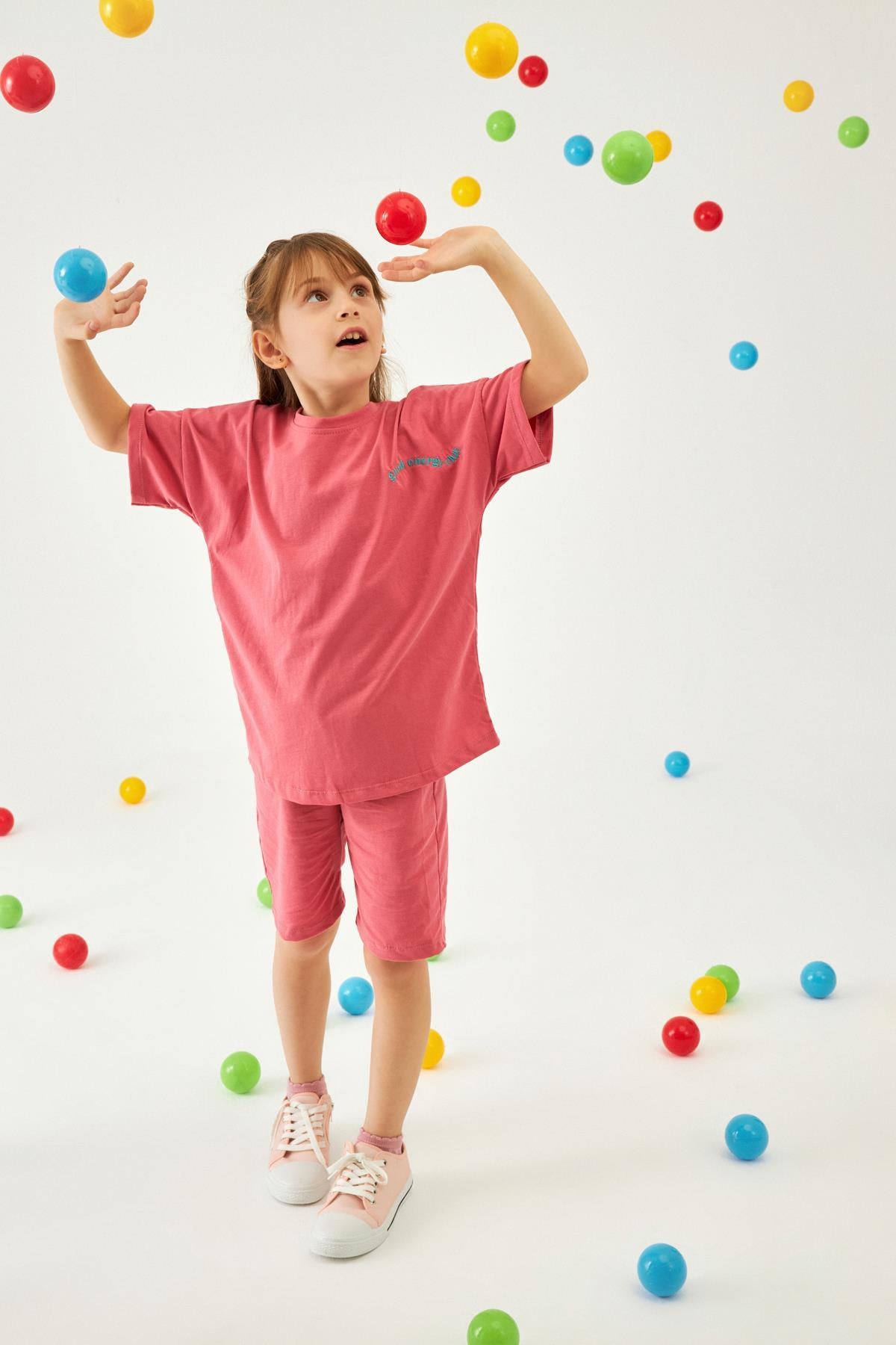 Bisiklet Yaka Düşük Omuz Basic Nakışlı Şortlu Unisex Çocuk İkili Takım