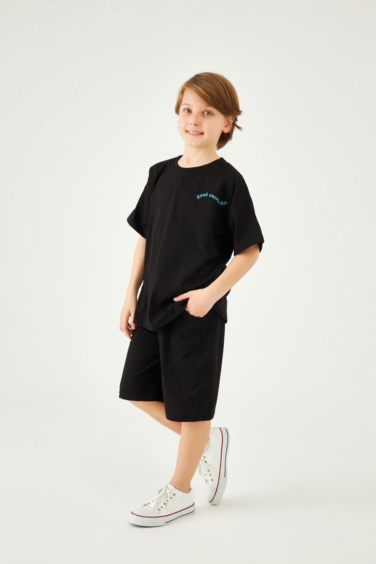 Bisiklet Yaka Düşük Omuz Basic Nakışlı Şortlu Unisex Çocuk İkili Takım