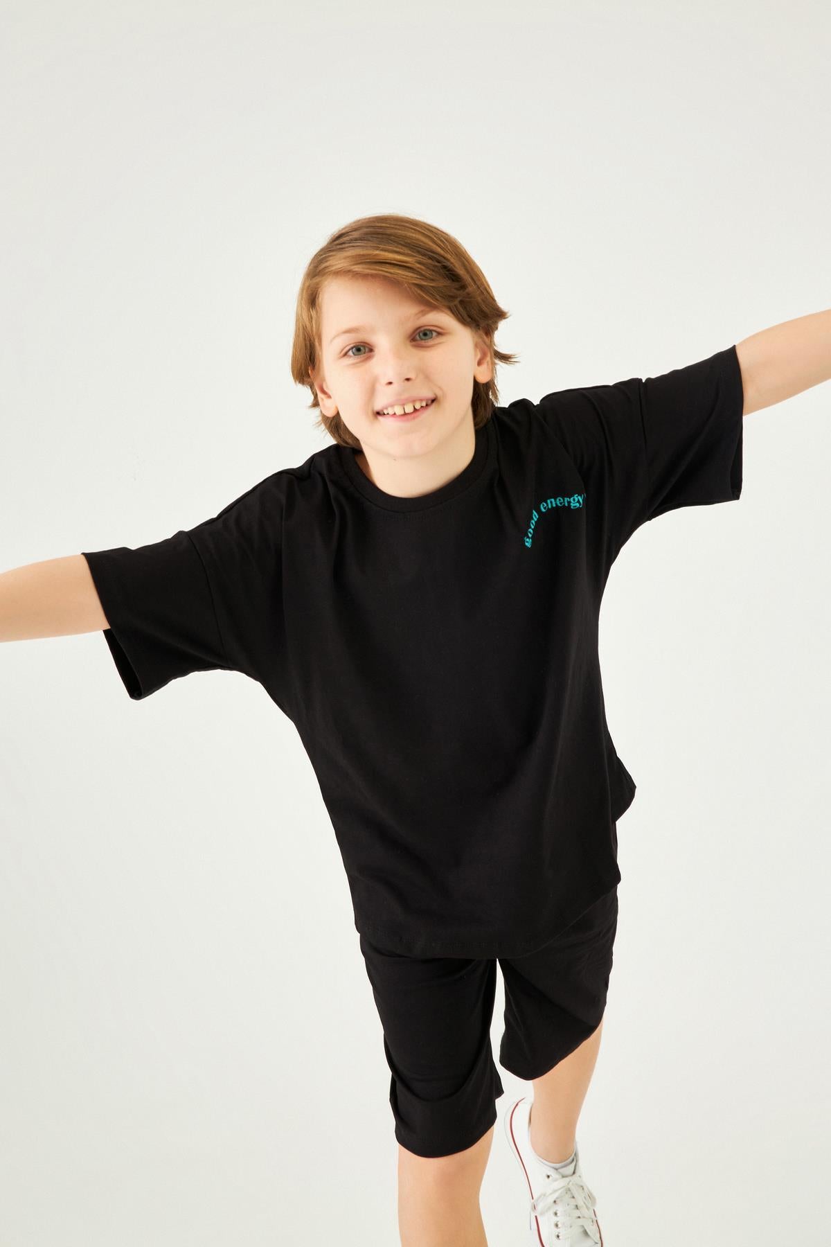 Bisiklet Yaka Düşük Omuz Basic Nakışlı Şortlu Unisex Çocuk İkili Takım