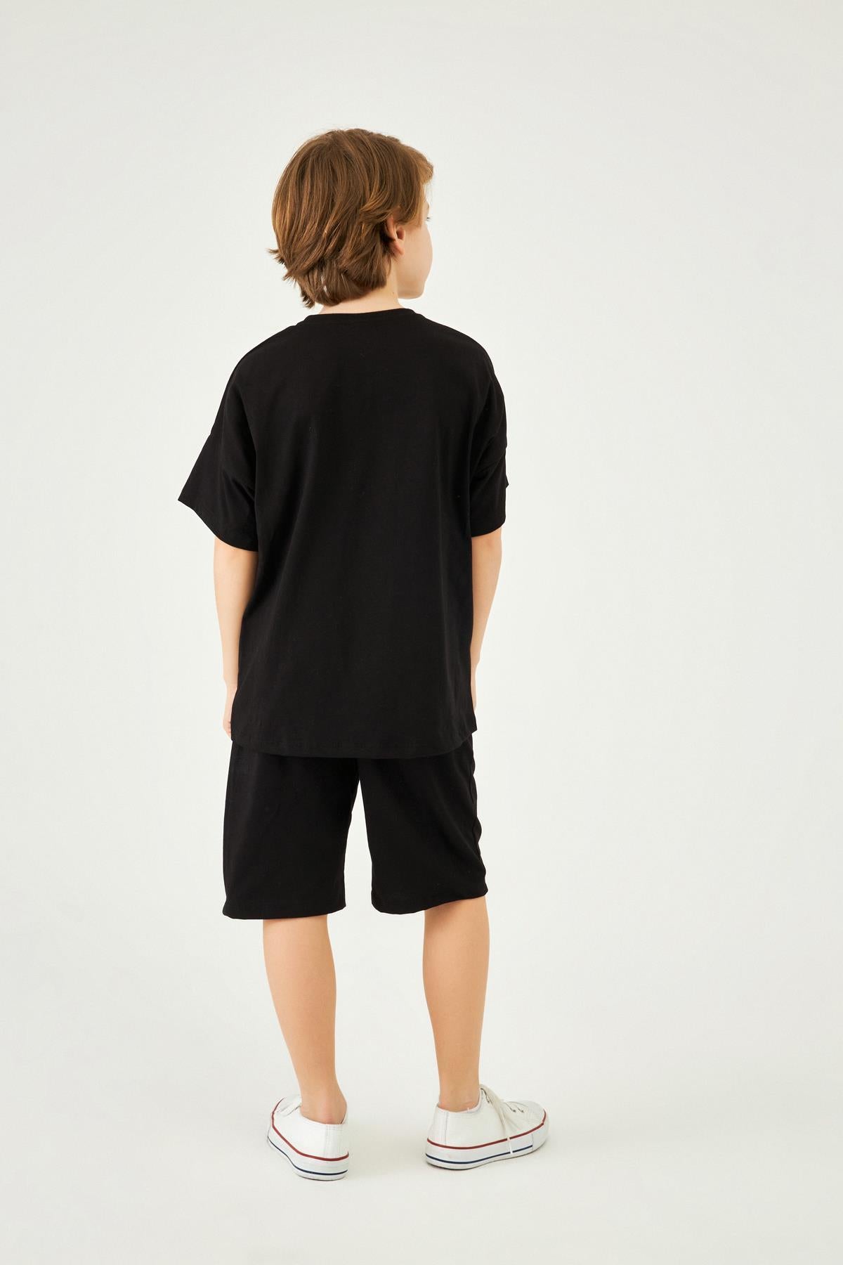 Bisiklet Yaka Düşük Omuz Basic Nakışlı Şortlu Unisex Çocuk İkili Takım