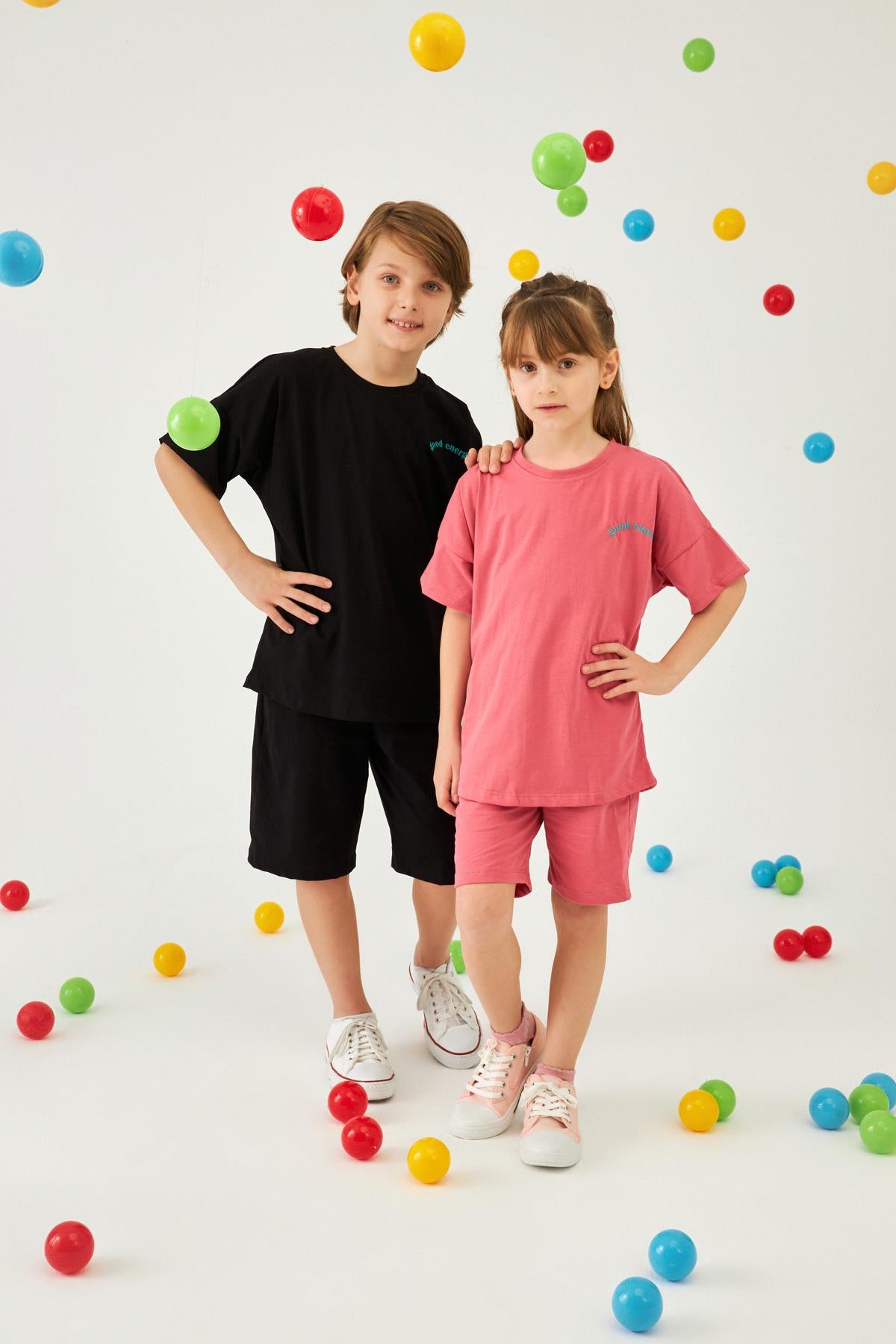 Bisiklet Yaka Düşük Omuz Basic Nakışlı Şortlu Unisex Çocuk İkili Takım Gül Kurusu - Perendi