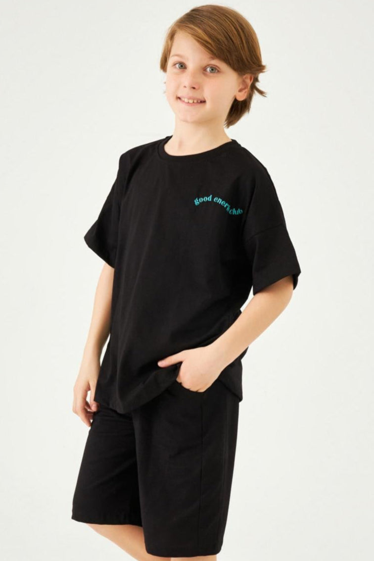 Bisiklet Yaka Düşük Omuz Basic Nakışlı Şortlu Unisex Çocuk İkili Takım Siyah - Perendi