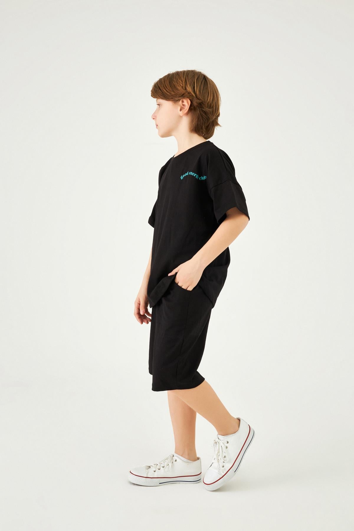 Bisiklet Yaka Düşük Omuz Basic Nakışlı Şortlu Unisex Çocuk İkili Takım Siyah - Perendi