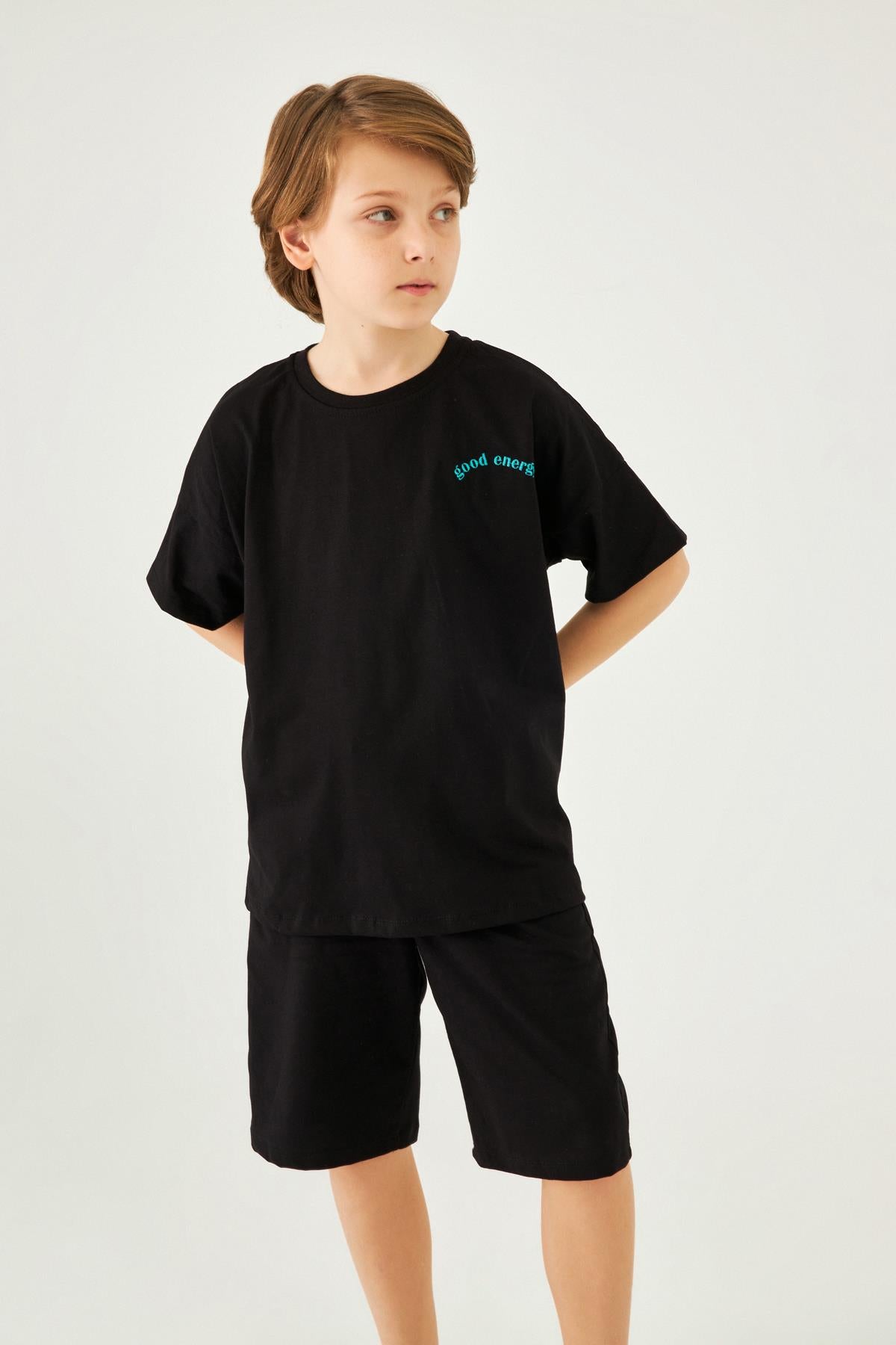 Bisiklet Yaka Düşük Omuz Basic Nakışlı Şortlu Unisex Çocuk İkili Takım Siyah - Perendi