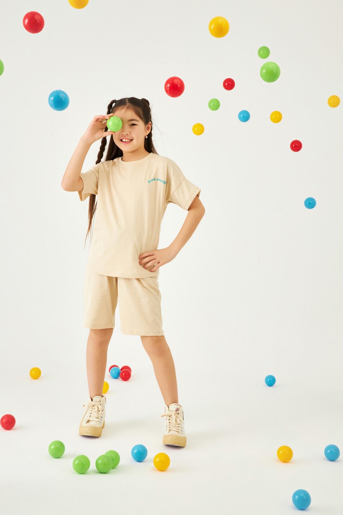 Bisiklet Yaka Düşük Omuz Basic Nakışlı Şortlu Unisex Çocuk İkili Takım Taş - Perendi