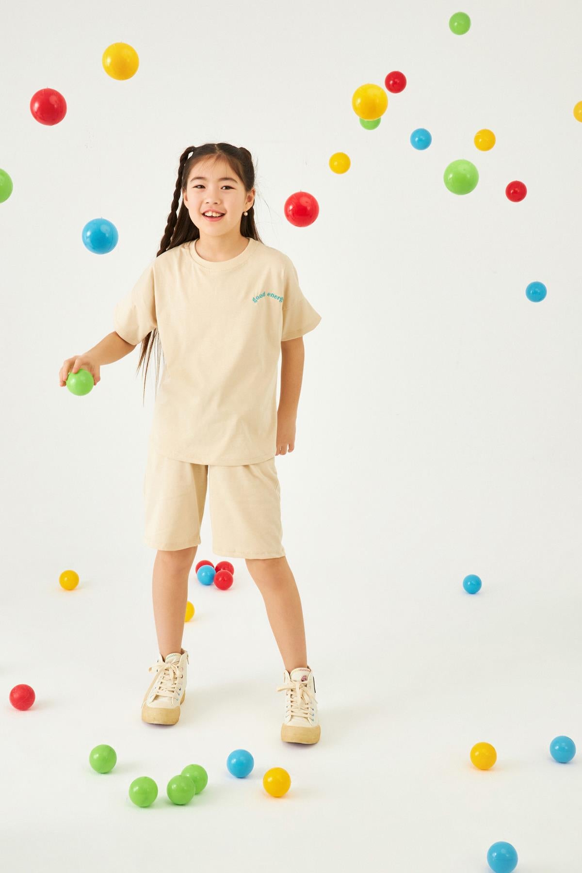 Bisiklet Yaka Düşük Omuz Basic Nakışlı Şortlu Unisex Çocuk İkili Takım Taş - Perendi